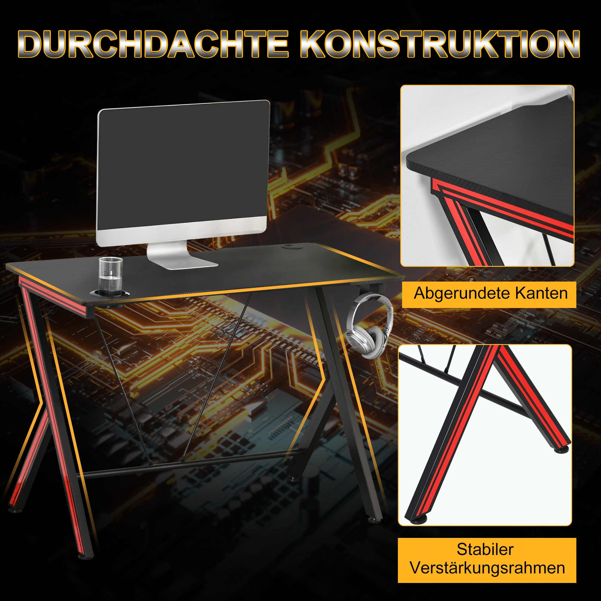 Gaming-Tisch Schreibtisch mit Kopfhörerhaken Getränkehalterung Computertisch Stahl + MDF Schwarz 105 x 55 x 75 cm