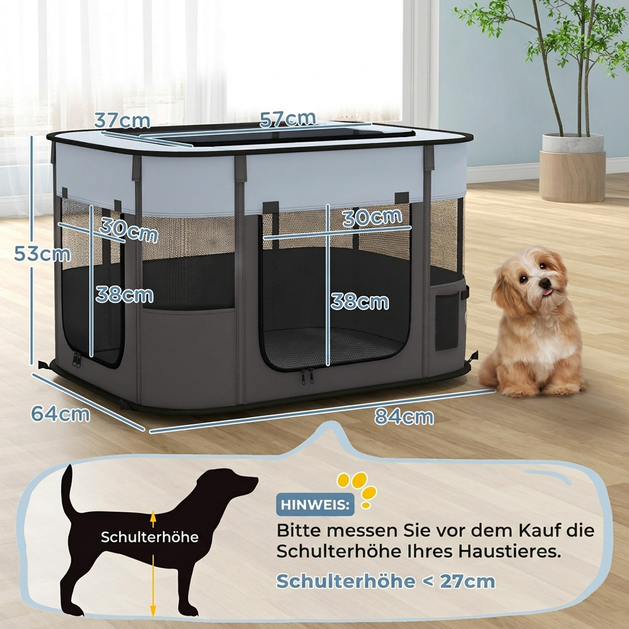 Spielgehege für Haustiere, faltbar, mit Aufbewahrungstasche, für Welpen und Kätzchen, drinnen und draußen, Grau