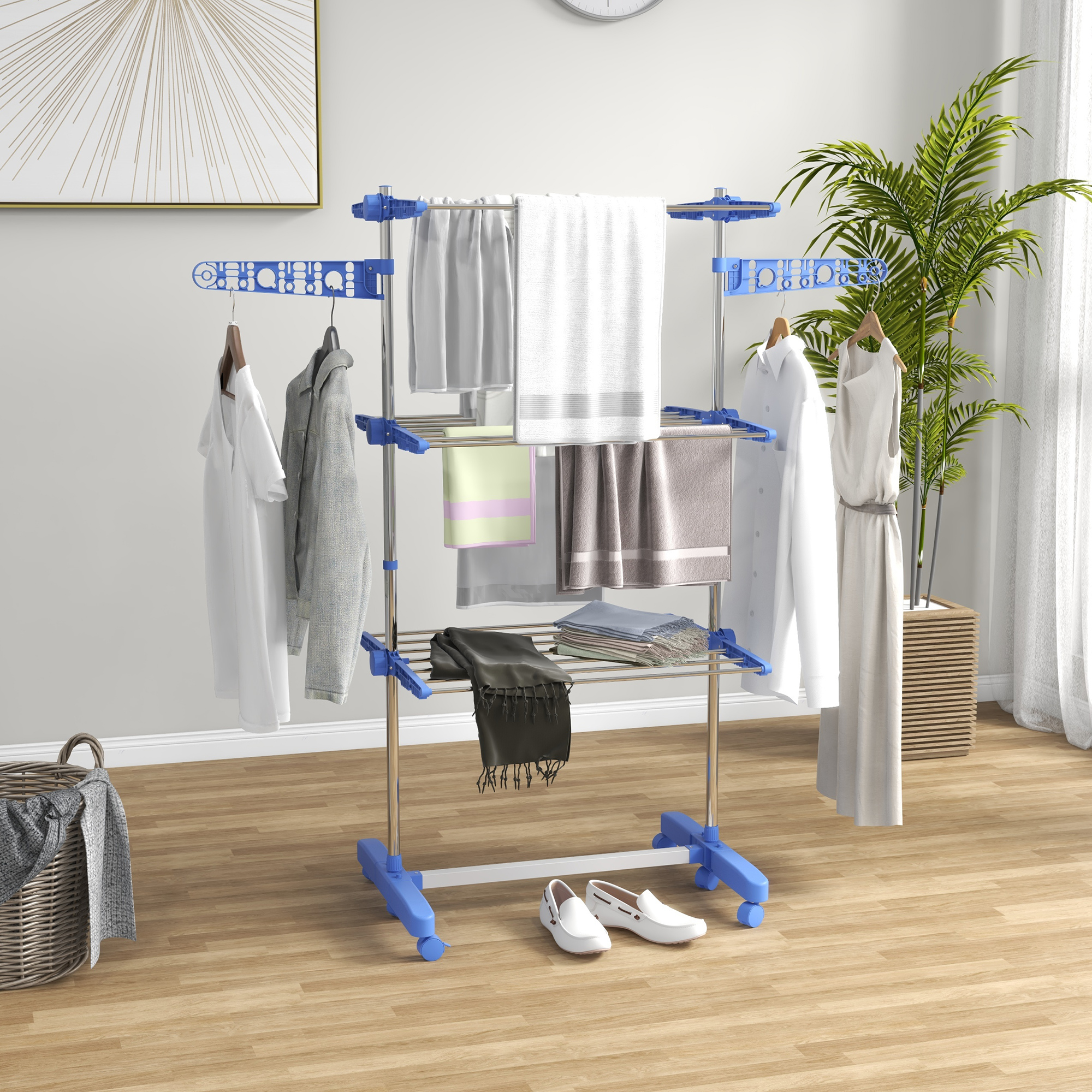 Wäschenständer Wäschetrockner, 4 Ebenen, klappbar, One-Klick-System, 142 cm x 55 cm x 152 cm Blau + Silber