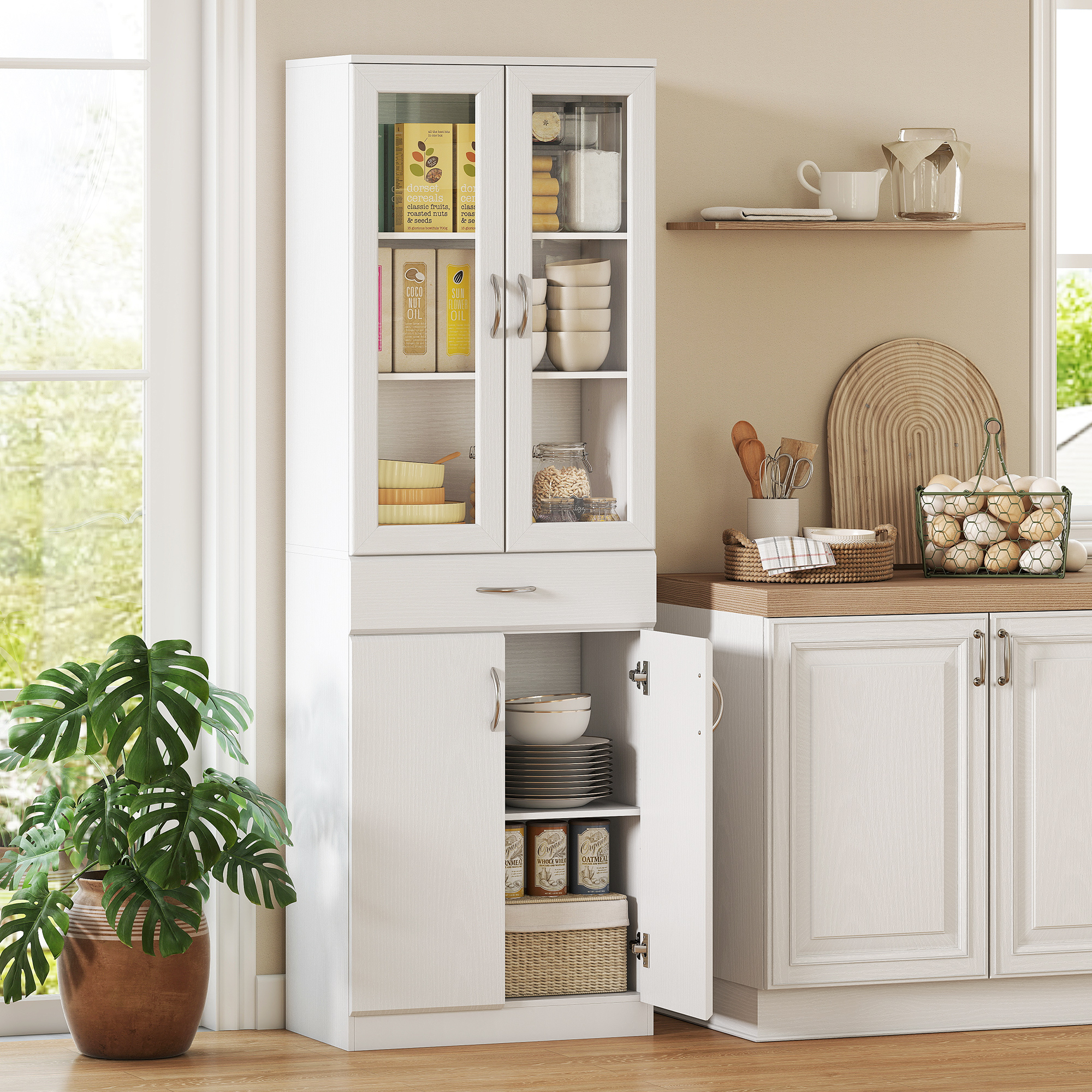 Küchenschrank Buffetschrank mit verstellbar Regal Schublade 2 Schrank Hochschrank mit Glastür 60 x 35 x 180 cm Weiß