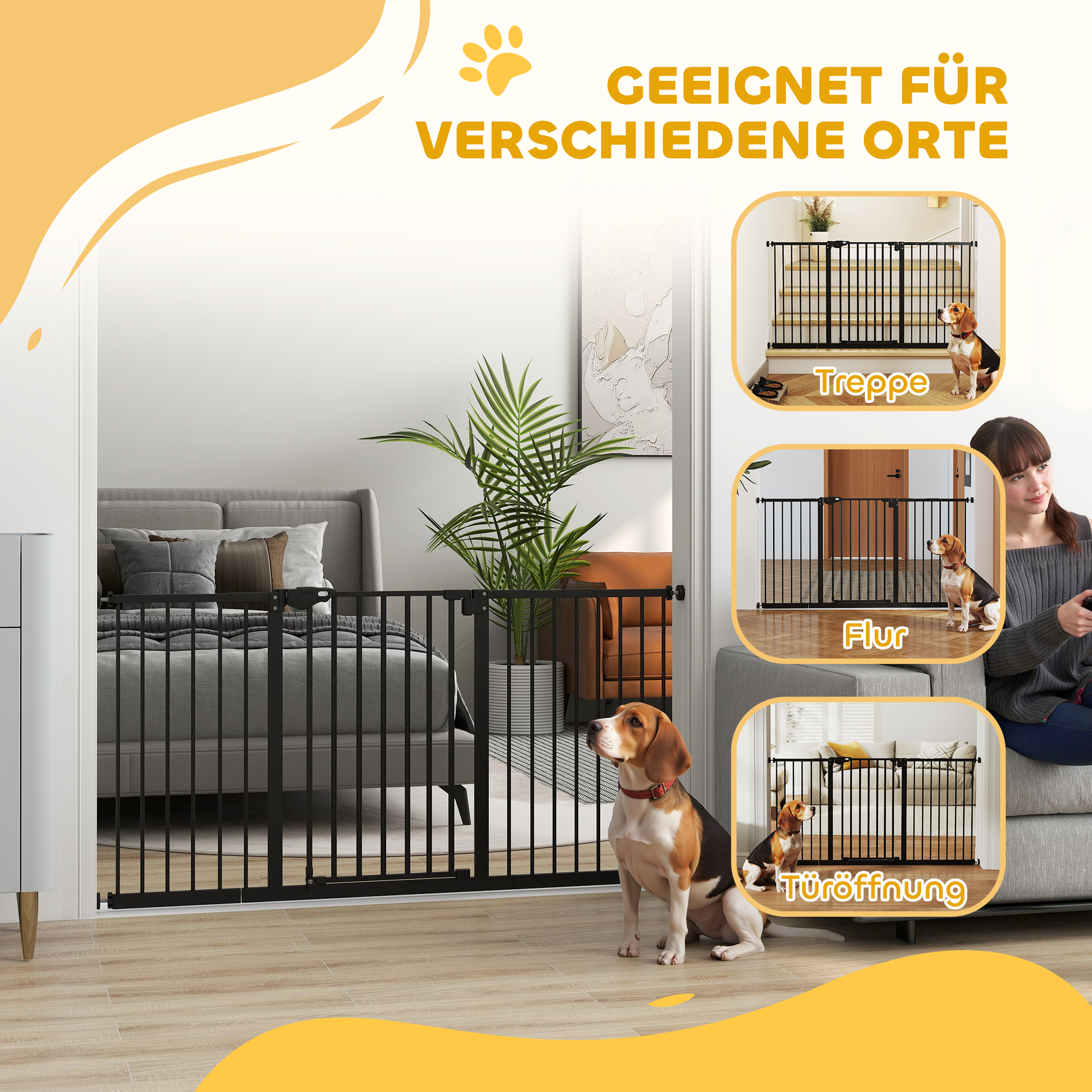 Türschutzgitter Treppenschutzgitter mit 17,5/20,3/30,5 cm Verlängerung Türgitter ohne Bohren mit Auto-Close für Breiten 74-147,5 cm Beidseitig Schwenkbar Metall Schwarz