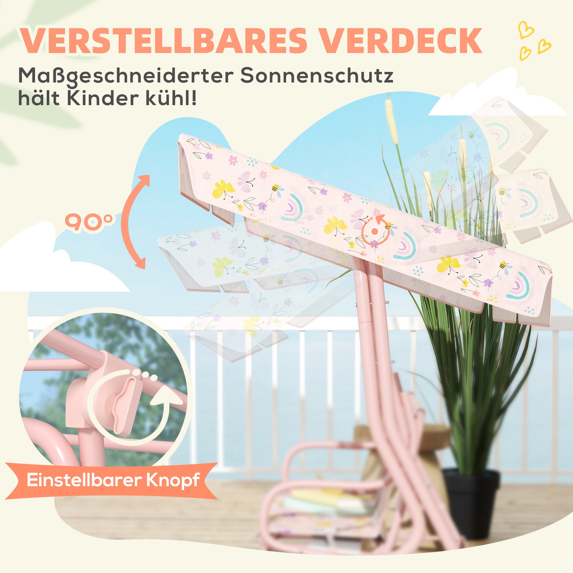 Hollywoodschaukel für Kinder, Stahlrahmen, 2-Sitzer, 60 kg belastbar, Rosa