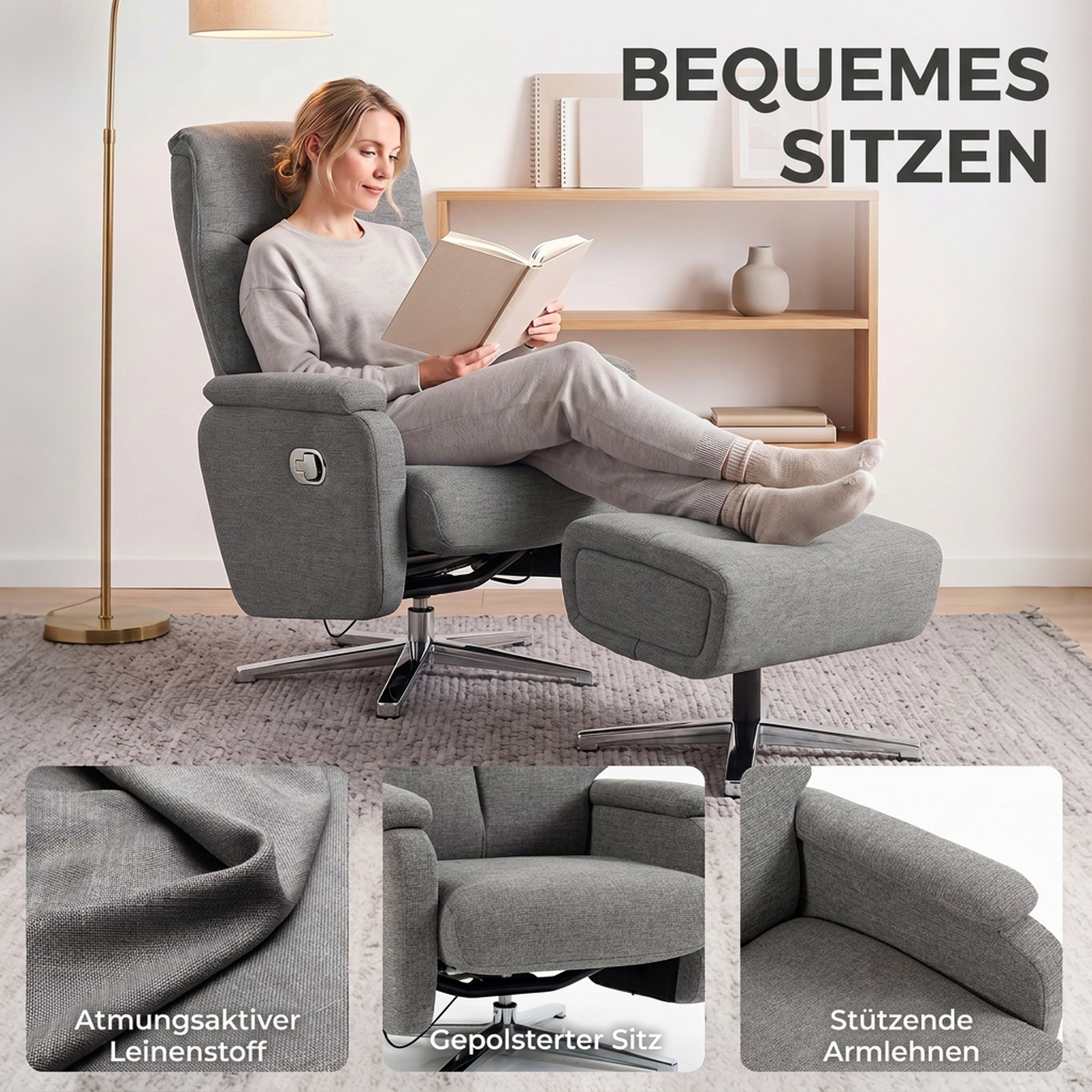 Relaxsessel manuell verstellbar Loungesessel mit Hocker Dunkelgrau