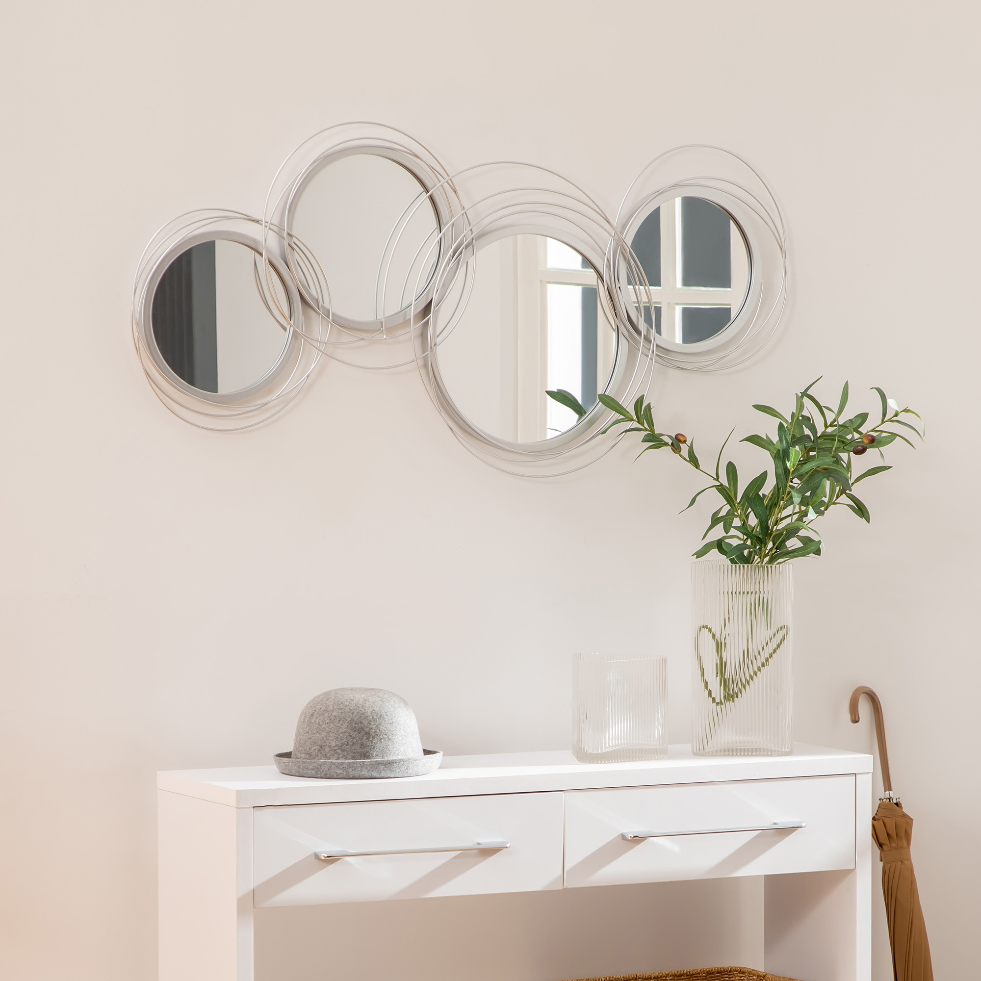 Spiegel-Set für Wanddekoration, Wandschmuck mit 4 runden Spiegeln, Wandspiegel, Flurspiegel,107 x 4 x 56 cm