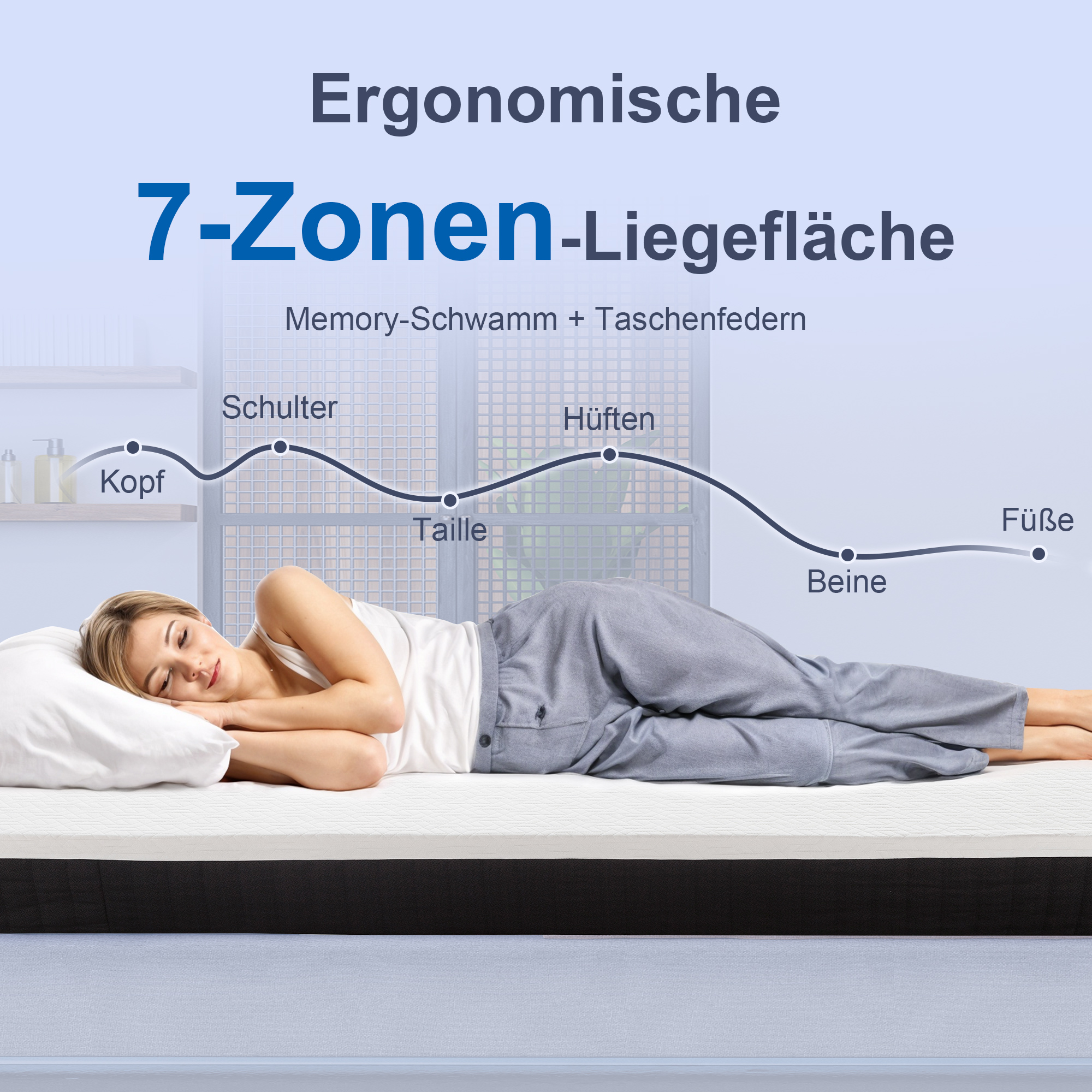 Ergonomische Matratze, Gedächtnis-Schaumstoff, 7-Zonen-Unterstützung, Taschenfedern