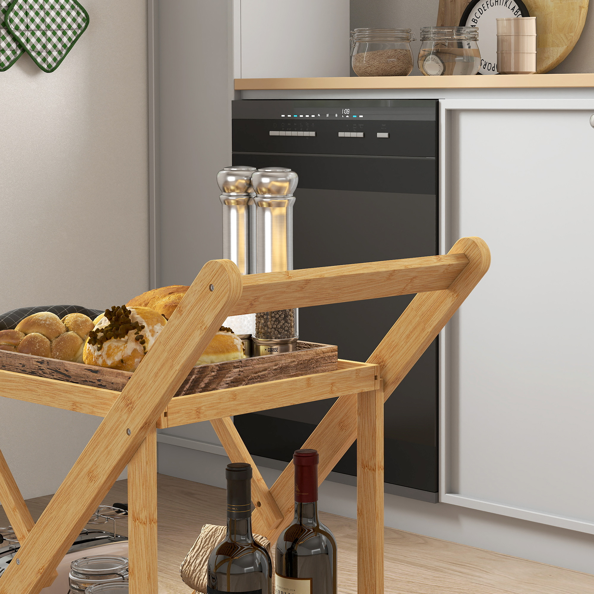 Küchenwagen auf Rädern, Servierwagen mit 3 Weinregalen, 2 Tabletts, für Küche, Esszimmer, Bambusholz, Hellbraun