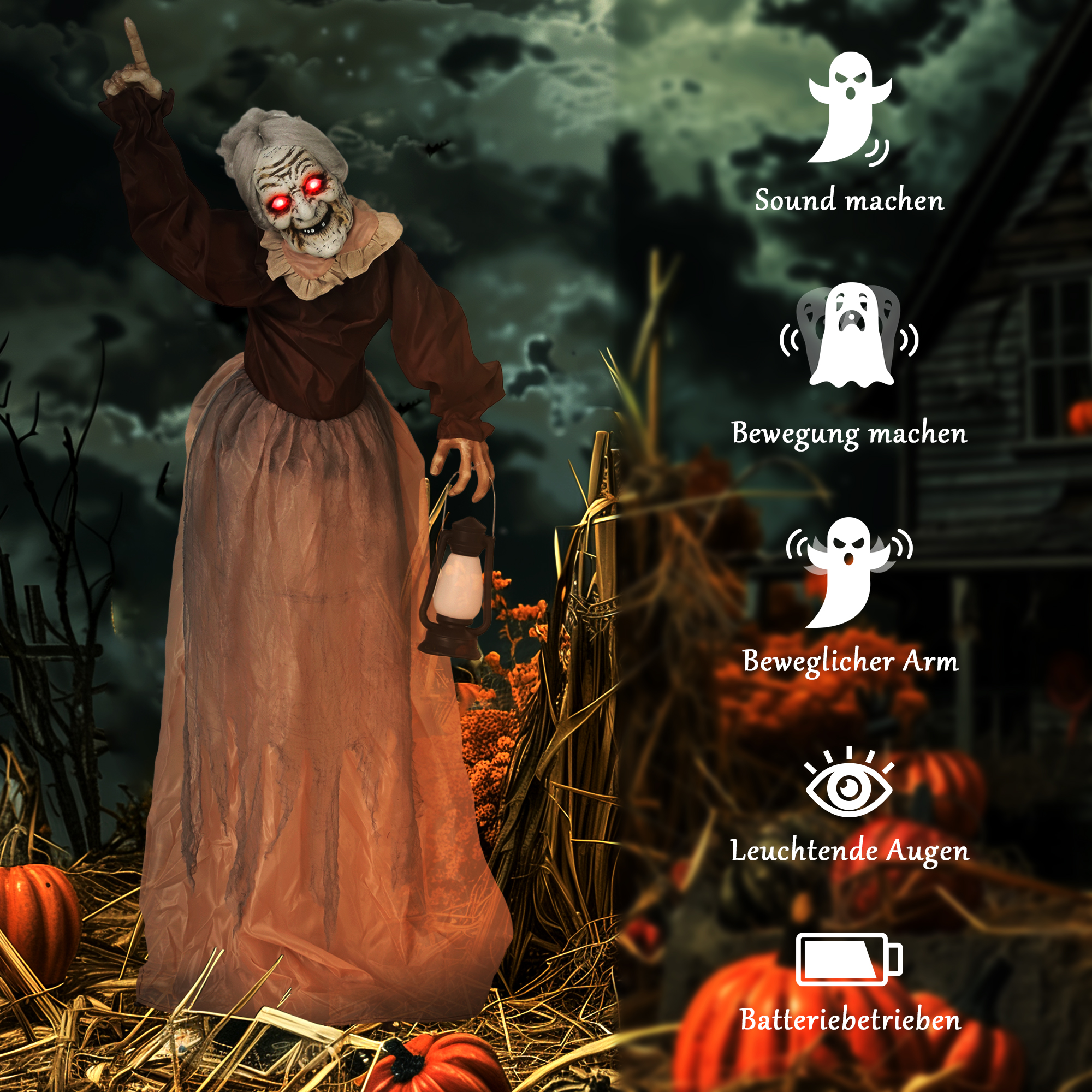 150 cm Halloween Dekoration Halloween Hexe mit LED-Lichter, Soundfunktion verstellbare Arme, Kopf