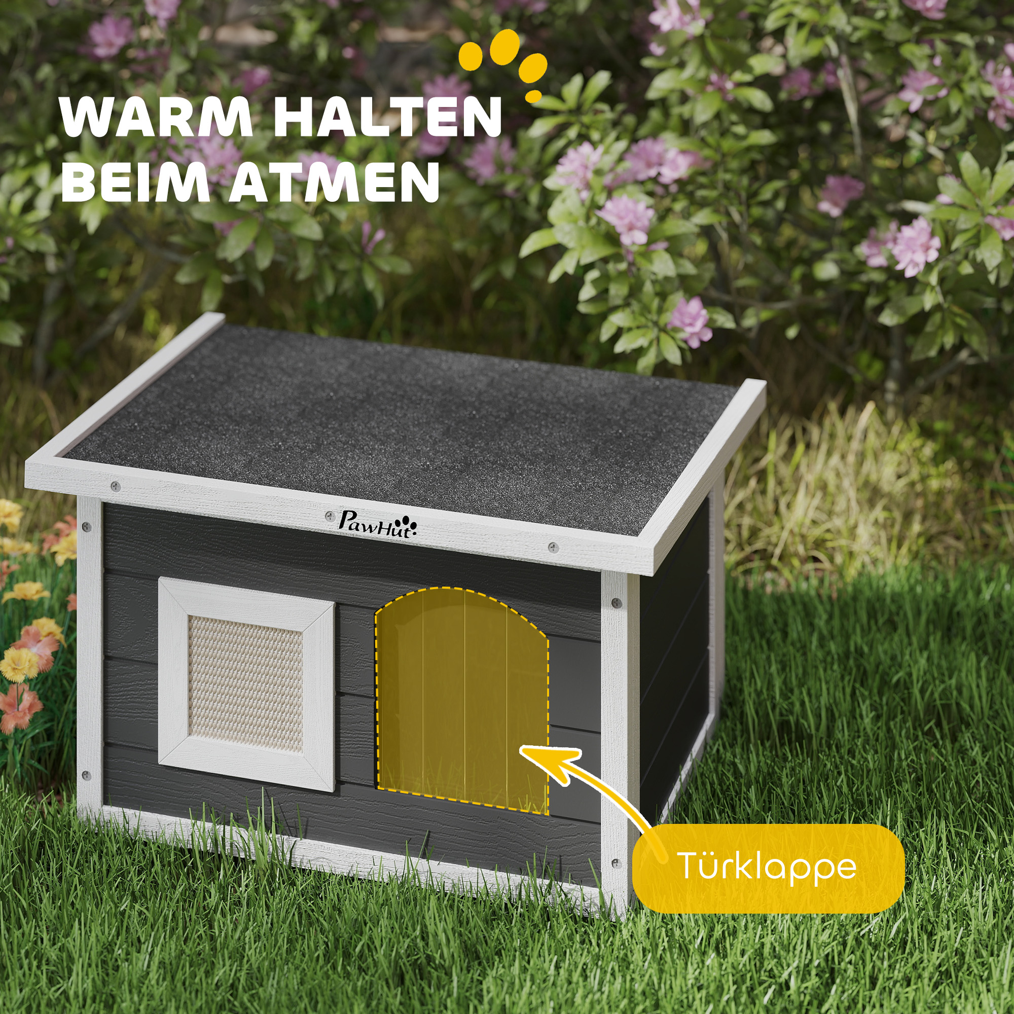 Katzenhaus, Rückzugsort für Katzen und Kaninchen, Holzhaus mit Kratzmatte, Türklappe, 61 x 45 x 36,5 cm, Grau