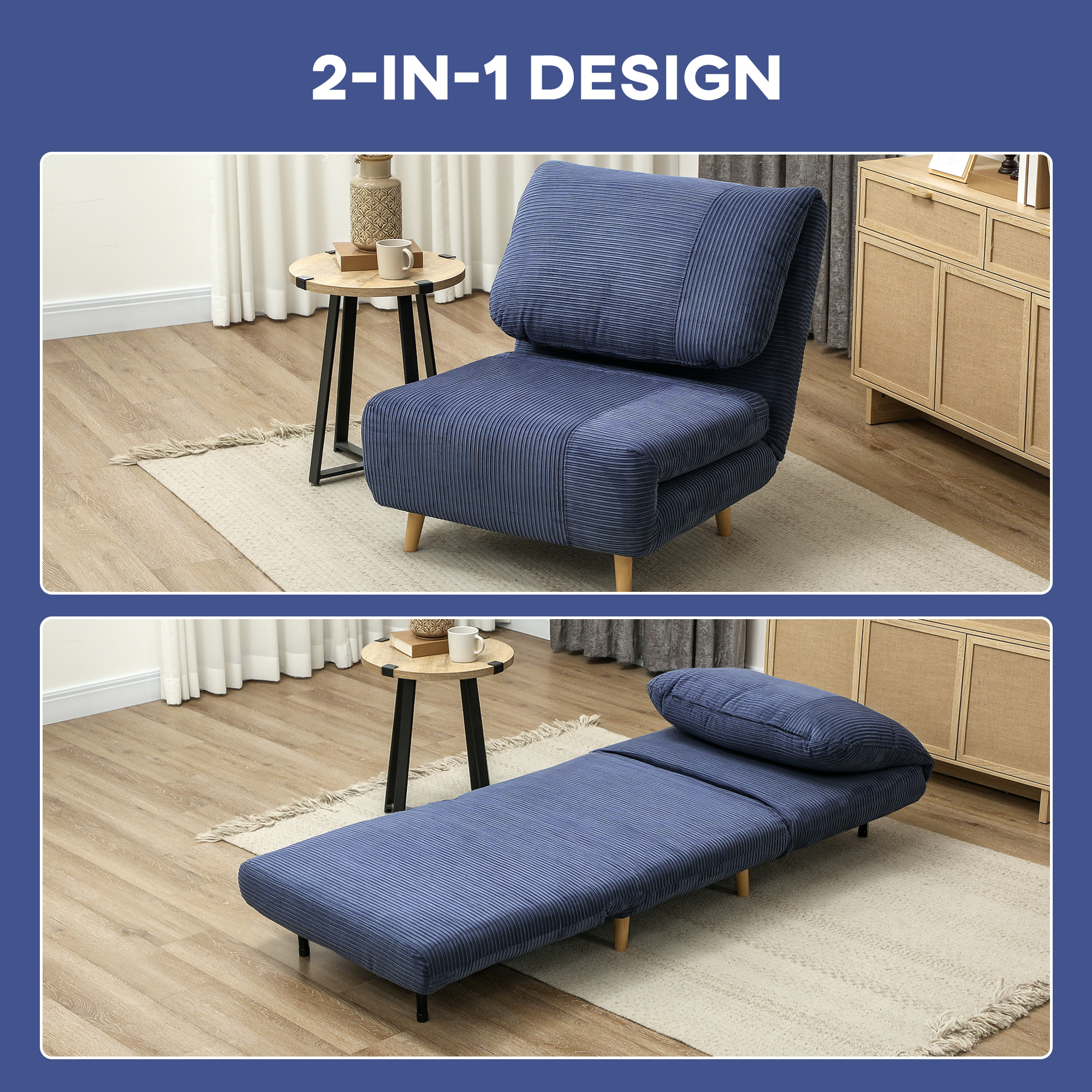 2-in-1 Schlafsessel Gästebett, verstellbare  Kopfstütze Cord-Optik 82 cm x 8 cm x 83 cm Blau