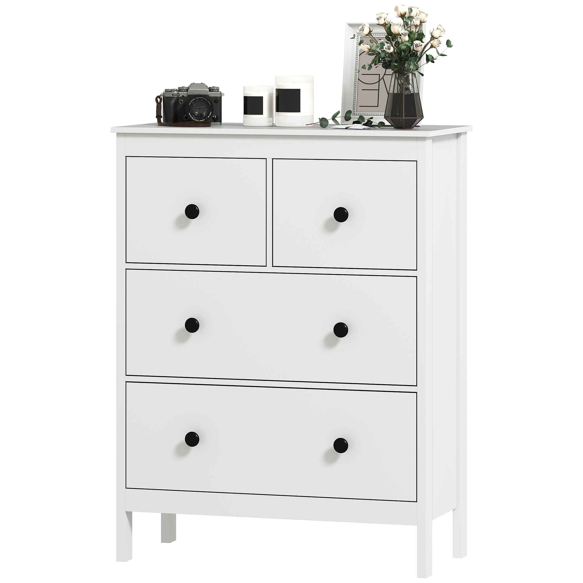 Kommode mit 4 Schubladen, für Kleidung & Bettwäsche, Wohnzimmer, Schlafzimmer, Flur, Spanplatte, Weiß Kommode mit 4 Schubladen, für Kleidung & Bettwäsche, Wohnzimmer, Schlafzimmer, Flur, Spanplatte, Weiß