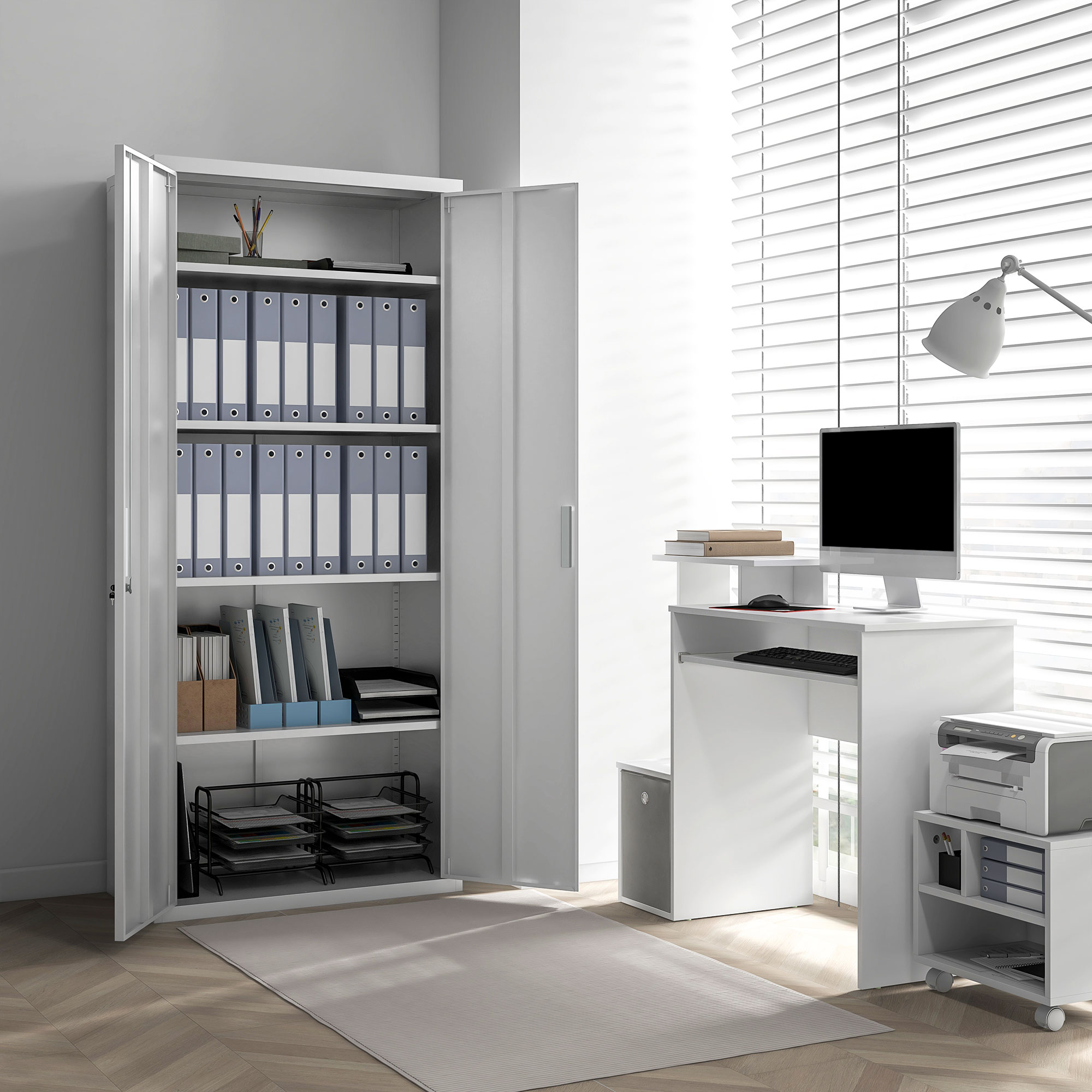 Aktenschrank, Büroschrank, 5 Regale, Metall, 80B x 40T x 180H cm, Weiß