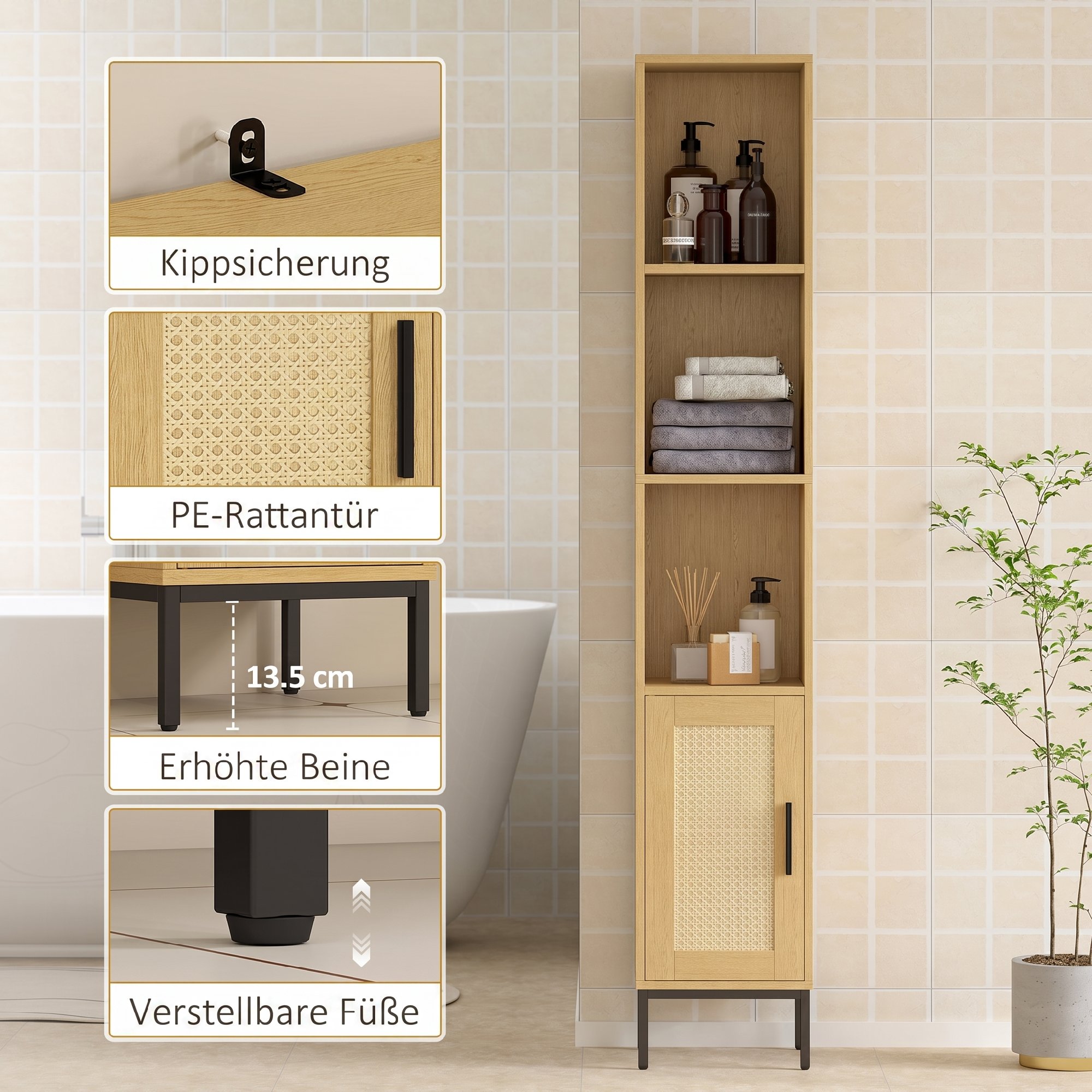 Hoher Badezimmerschrank, schmaler Badschrank mit offenen Ablagen und verstellbarem Einlegeboden, Naturholzoptik