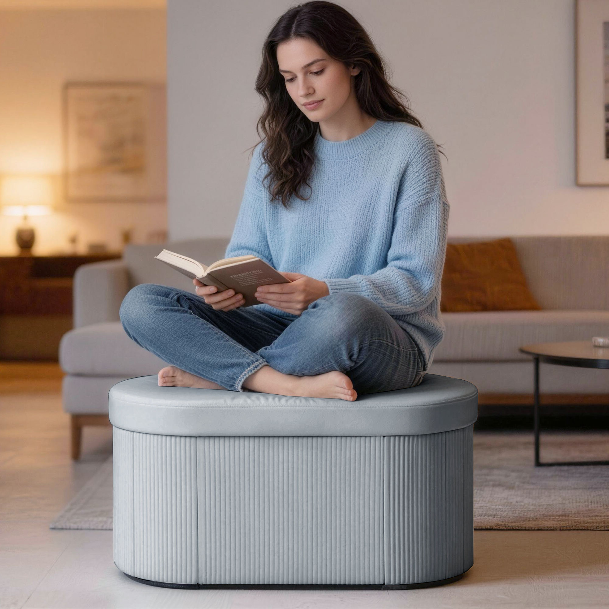 Sitzbank mit Stauraum Klappbar Polsterbank mit Samt-Optik für Wohnzimmer 76 x 38 x 35 cm Dunkelgrau