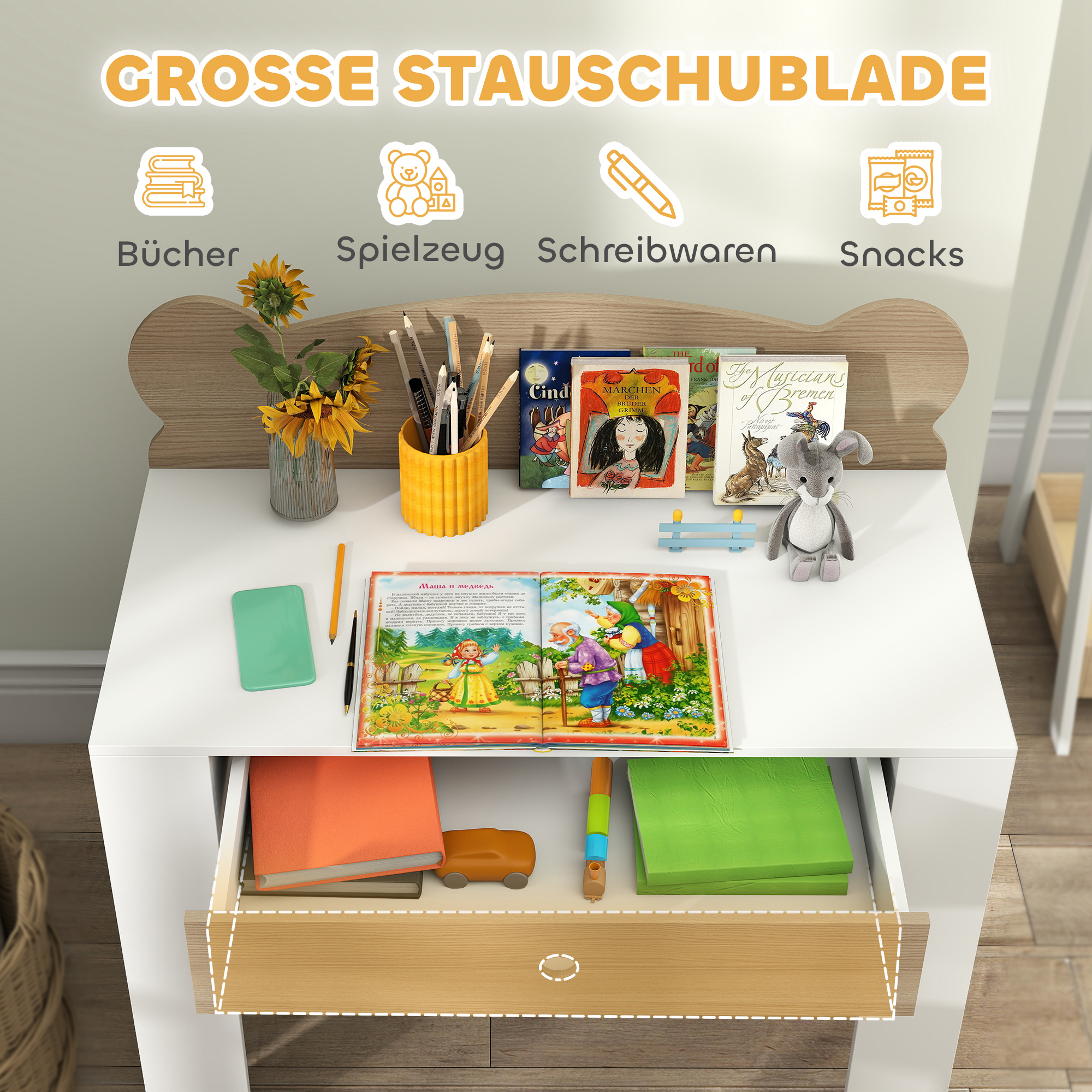 Schreibtisch-Set für Kinder, Arbeitstisch und Stuhl mit Bärenform, Schublade, zum Schreiben und Basteln, 3-8 Jahre, Naturholz