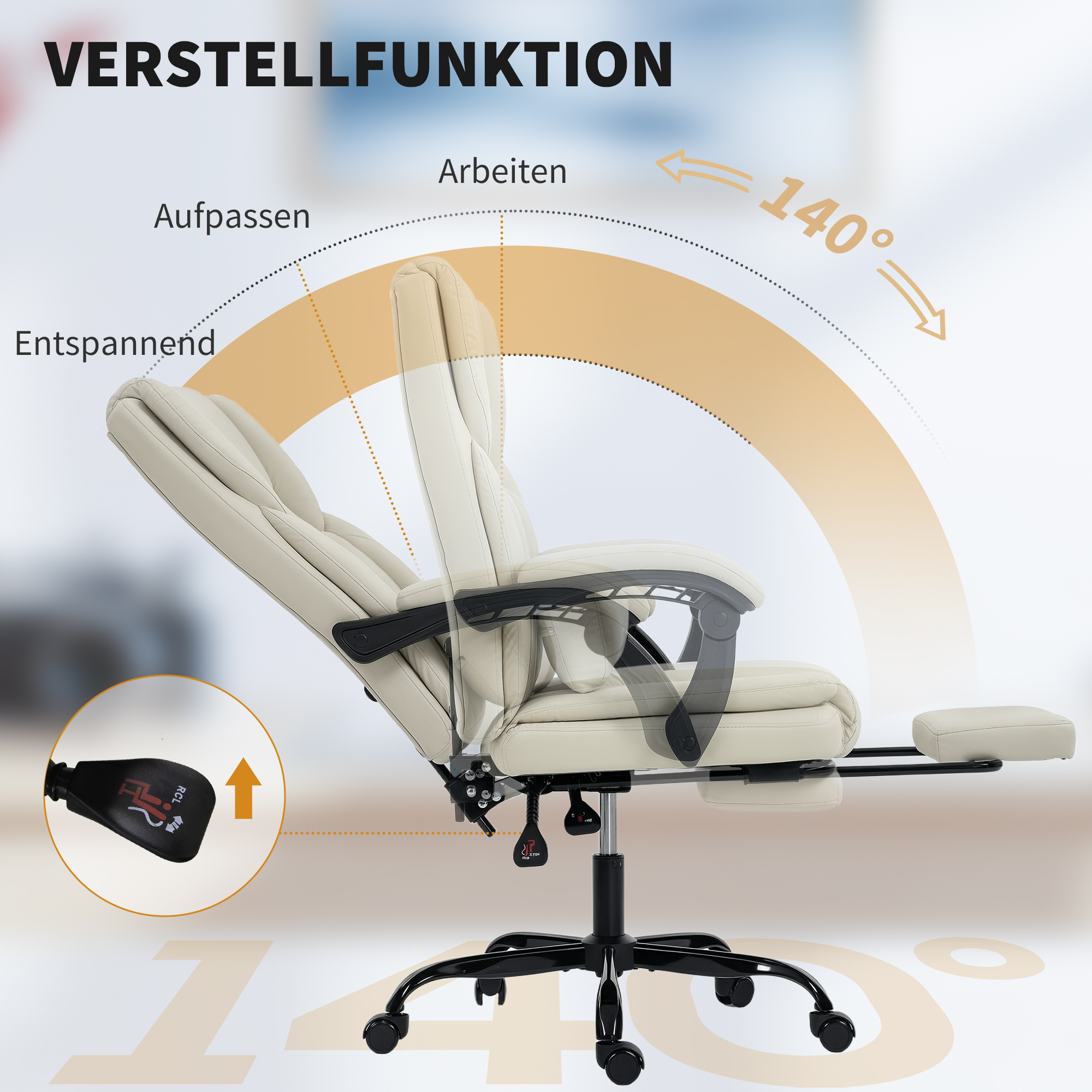 Bürostuhl mit tierfreundlichem Kunstleder-Bezug, Fußstütze, höhenverstellbar, rollbar, Beige