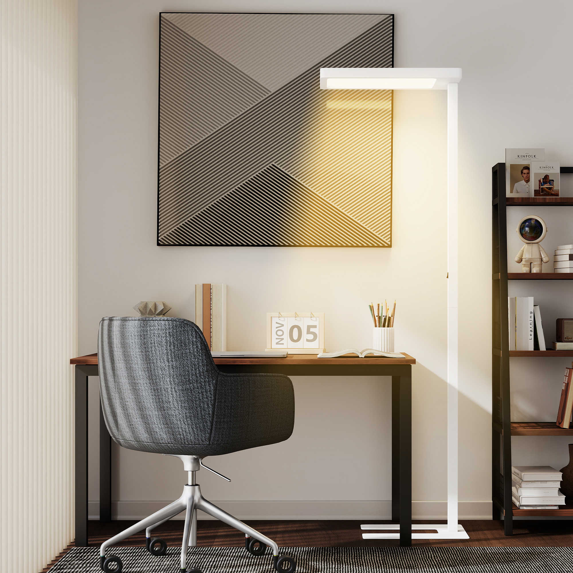 LED-Stehlampe, augenschonendes Licht, Bodenlampe mit Fernbedienung, anpassbare Helligkeit, Kunststoff, Metall, Weiß