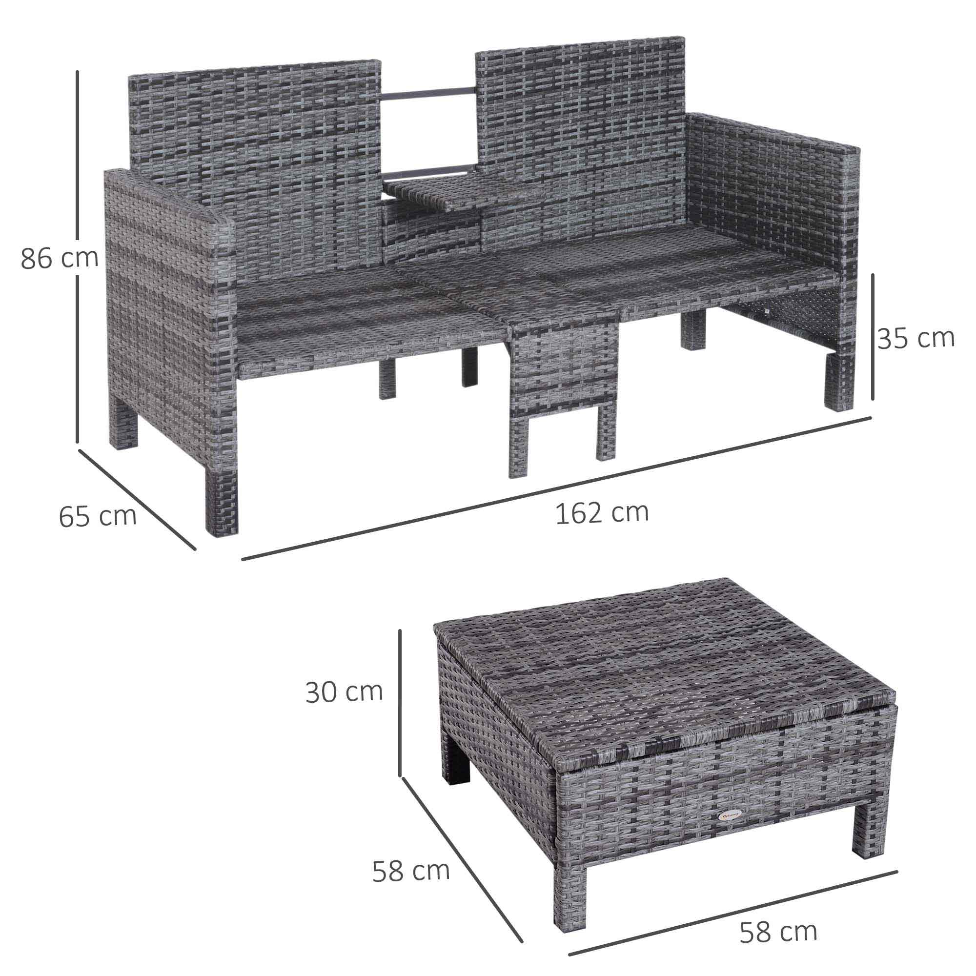Gartengarnitur, Sitzgruppe, 3-tlg,, Outdoor-Sofa, 2 Hocker, 2-5 Personen, Sitzkissen, Rattanoptik, grau
