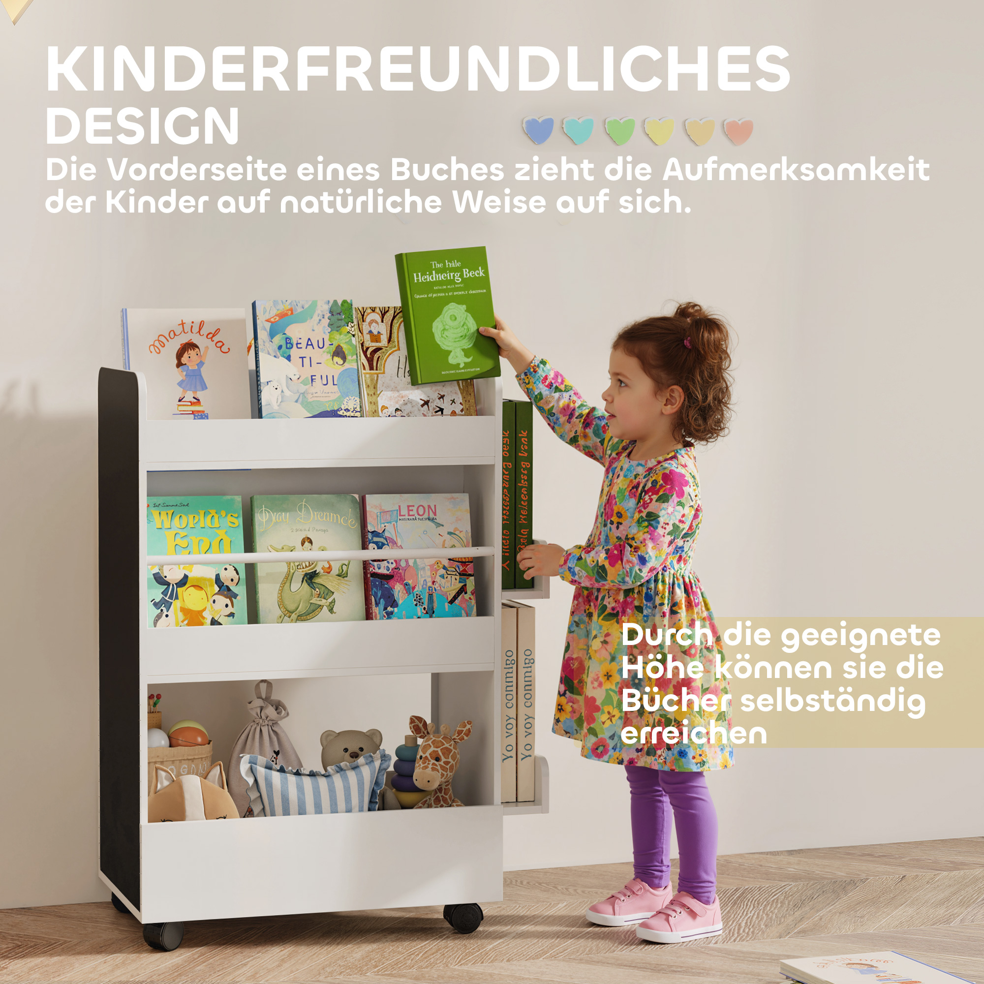 Kinder Bücherregal mit 4 Regalen, Bodenfach, 2 Seitenteile, Tafel, Rollen, für 3-8 Jahre, 66,5x32,5x86,5 cm Weiß