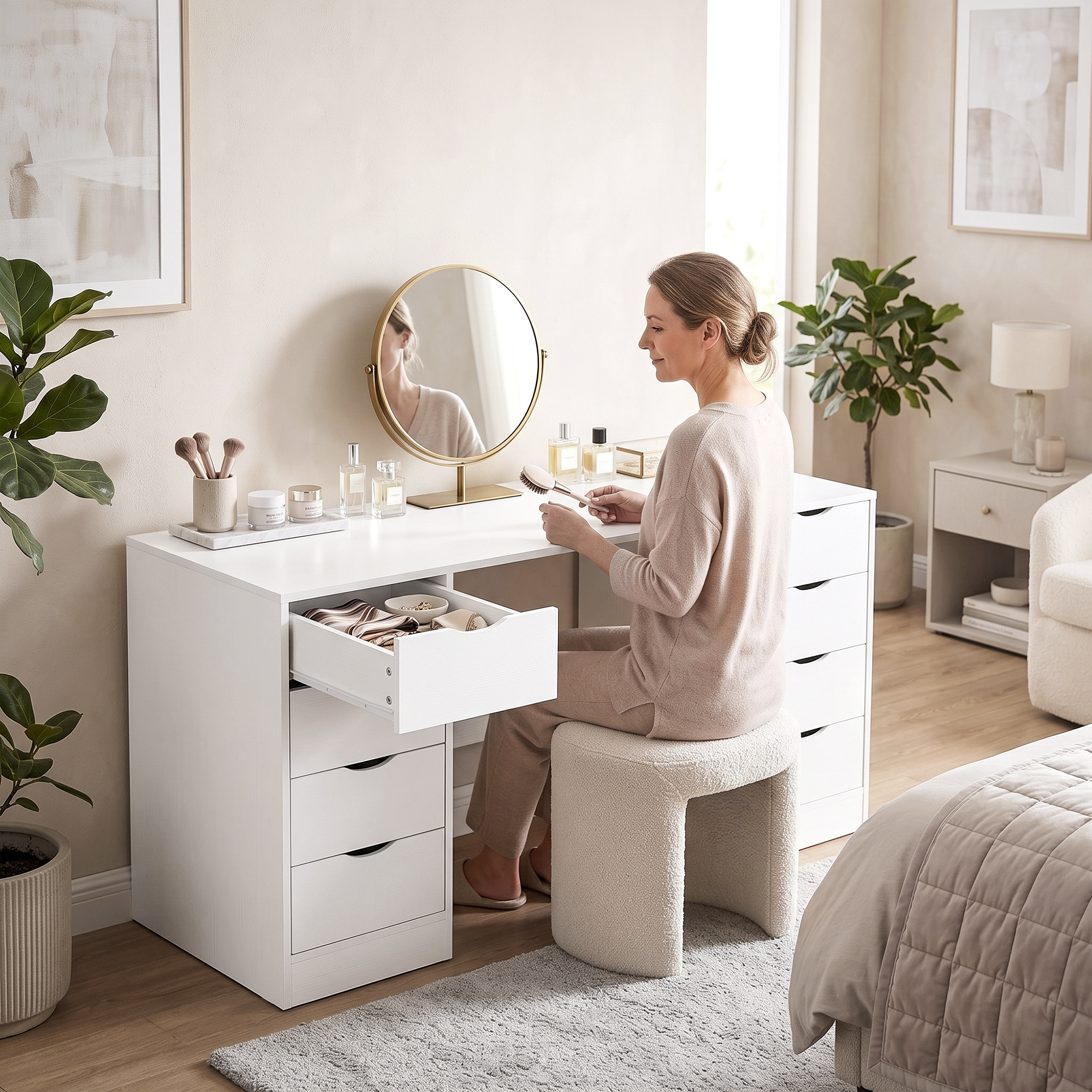 Schreibtisch 140 cm mit 8 Schubladen, moderner Bürotisch mit Stauraum, weiße Holzoptik