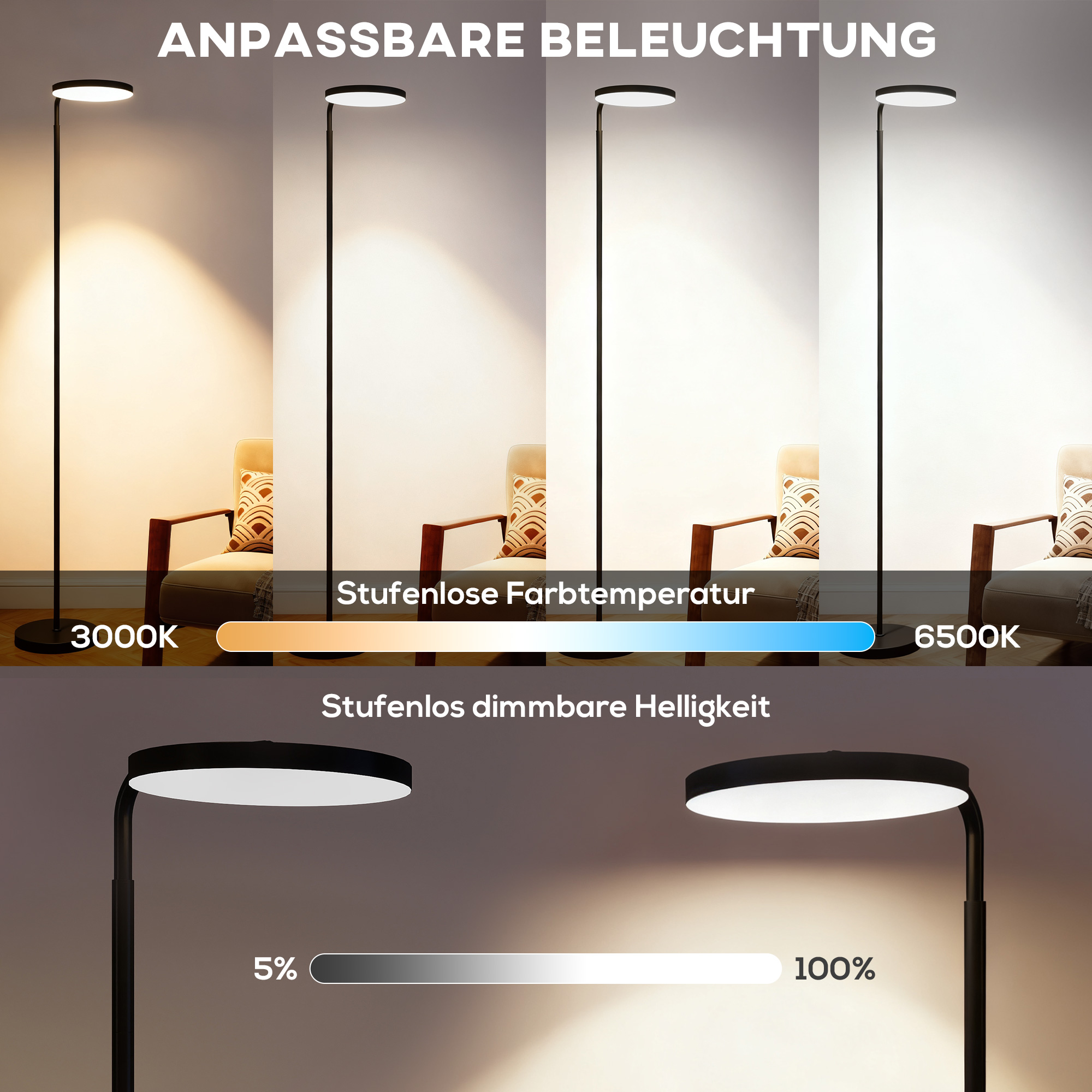 LED-Stehlampe mit magnetischer Fernbedienung, flexibel verstellbar, drehbar, Metall, Schwarz