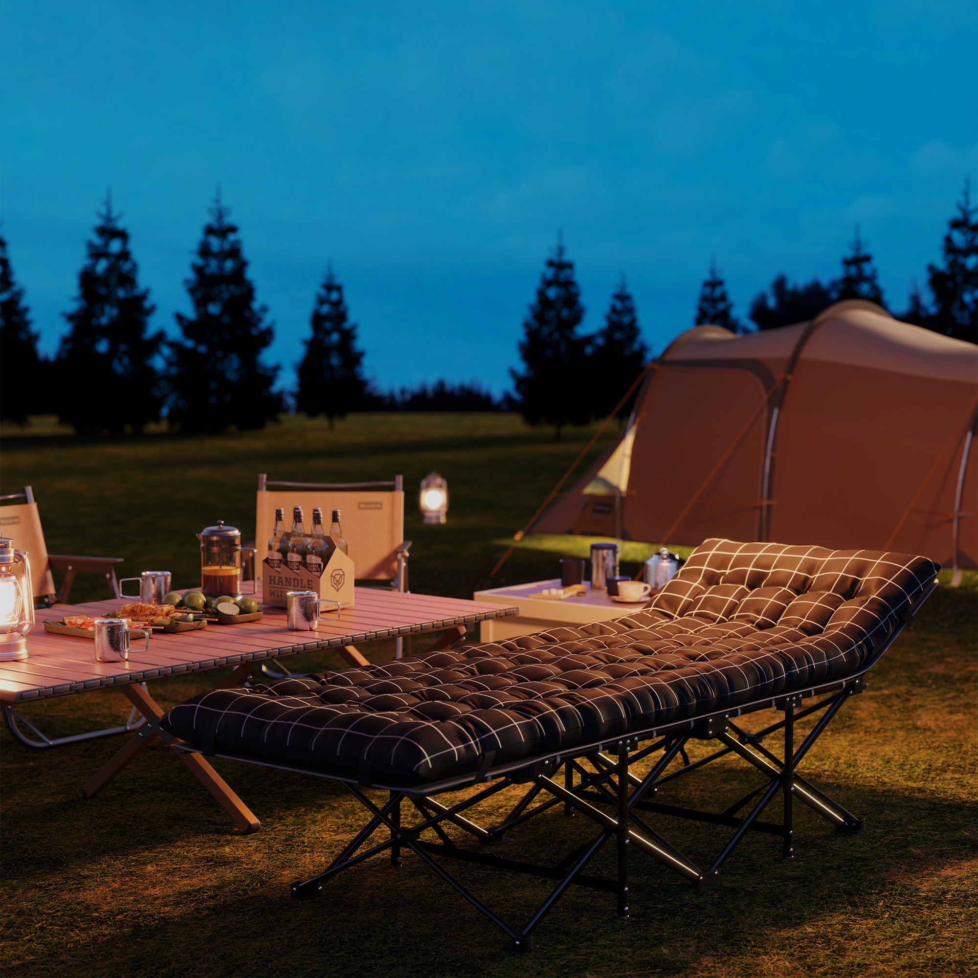 Klappbares Campingbett, Feldbett mit Matratze, ergonomisch, Metallrahmen, Schwarz