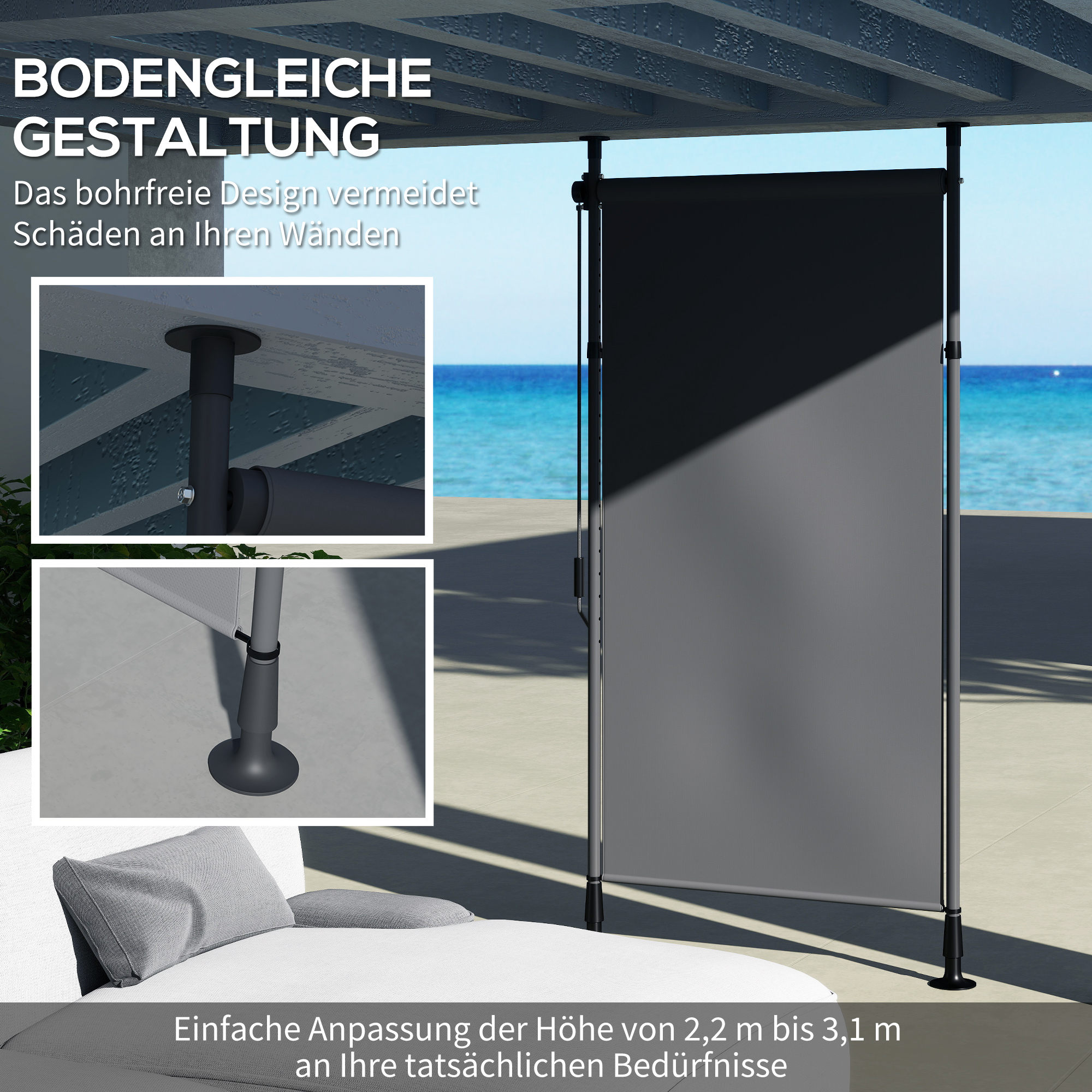 Freistehende Markise, verstellbare Länge, Montage ohne Bohren, Aluminiumrahmen, 1,5 x 2,2-3,1 m, Dunkelgrau