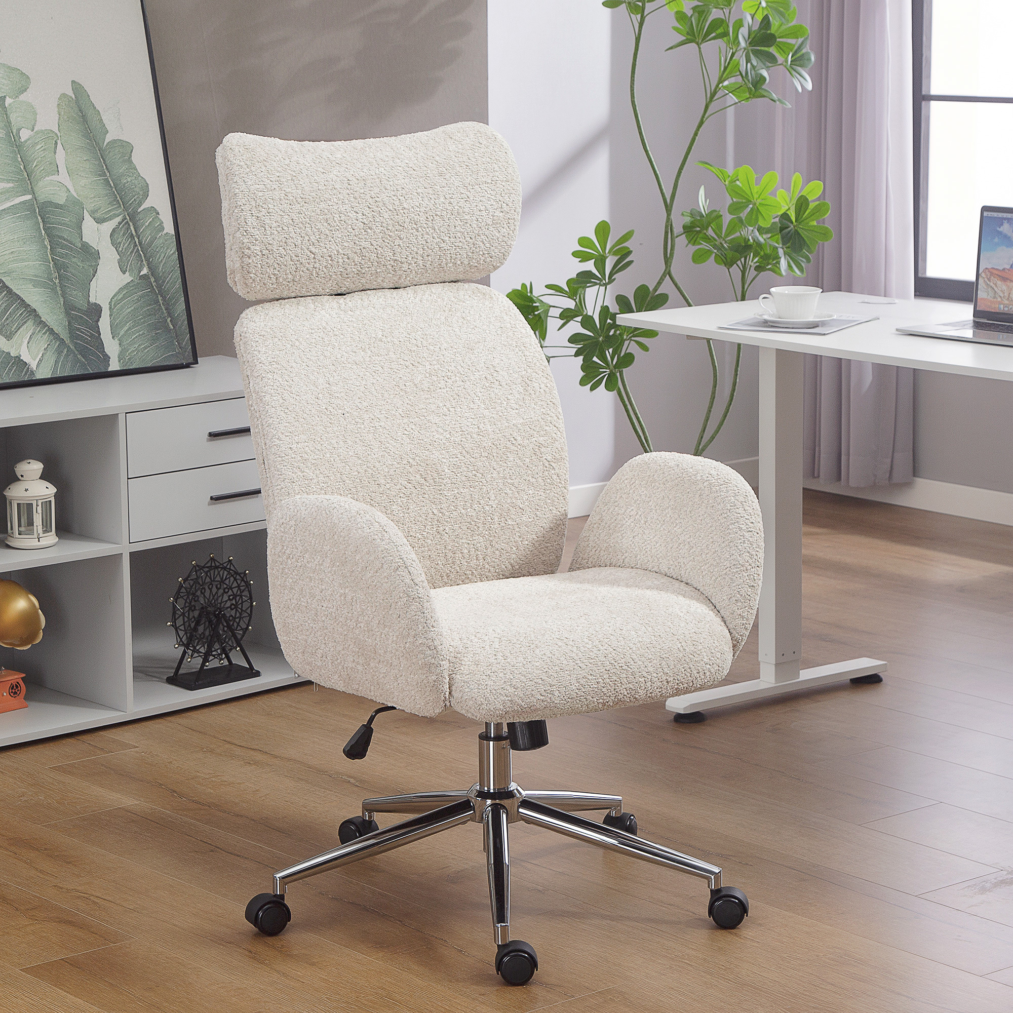 Bürostuhl mit verstellbarer Kopfstütze, ergonomischer Schreibtischstuhl, Kippfunktion, höhenverstellbar, Grauweiß