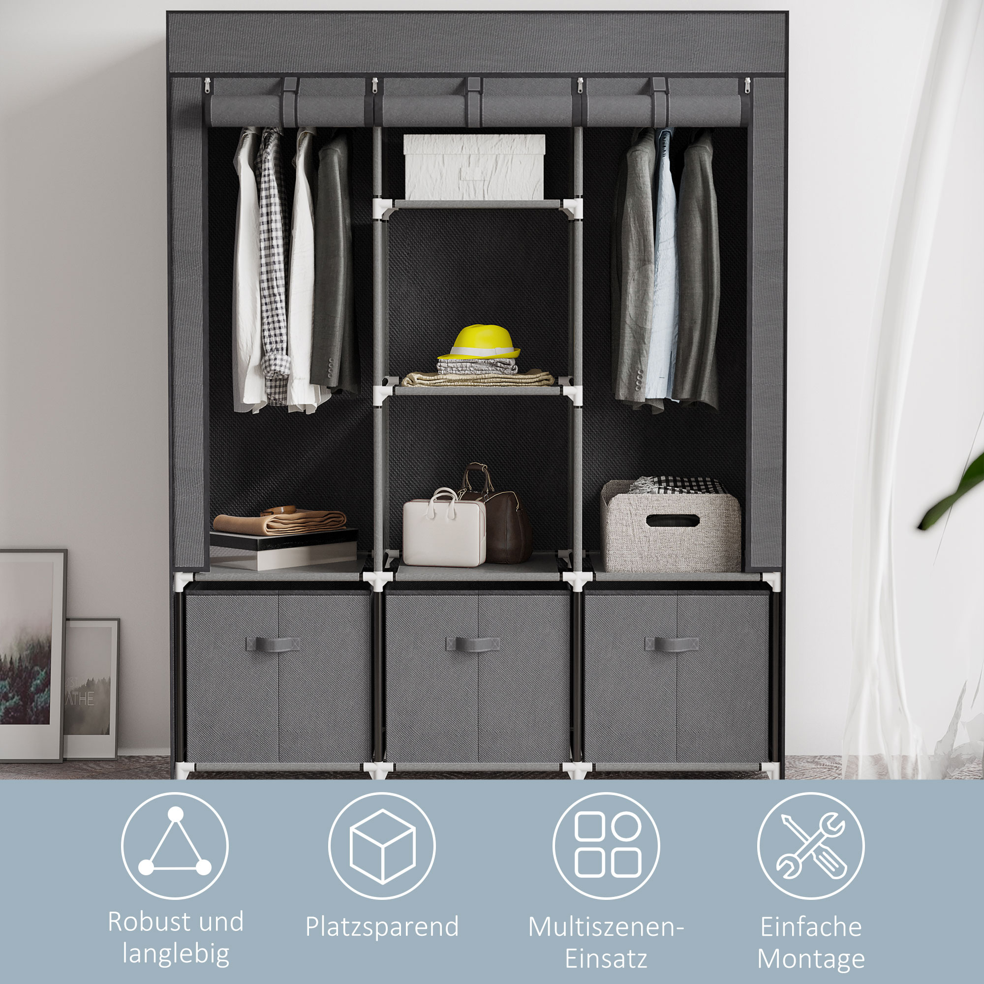 Stoffschrank aus Vlies, Faltschrank, inkl, 3 Schubladen, 125 cm x 43 cm x 162,5 cm, Grau