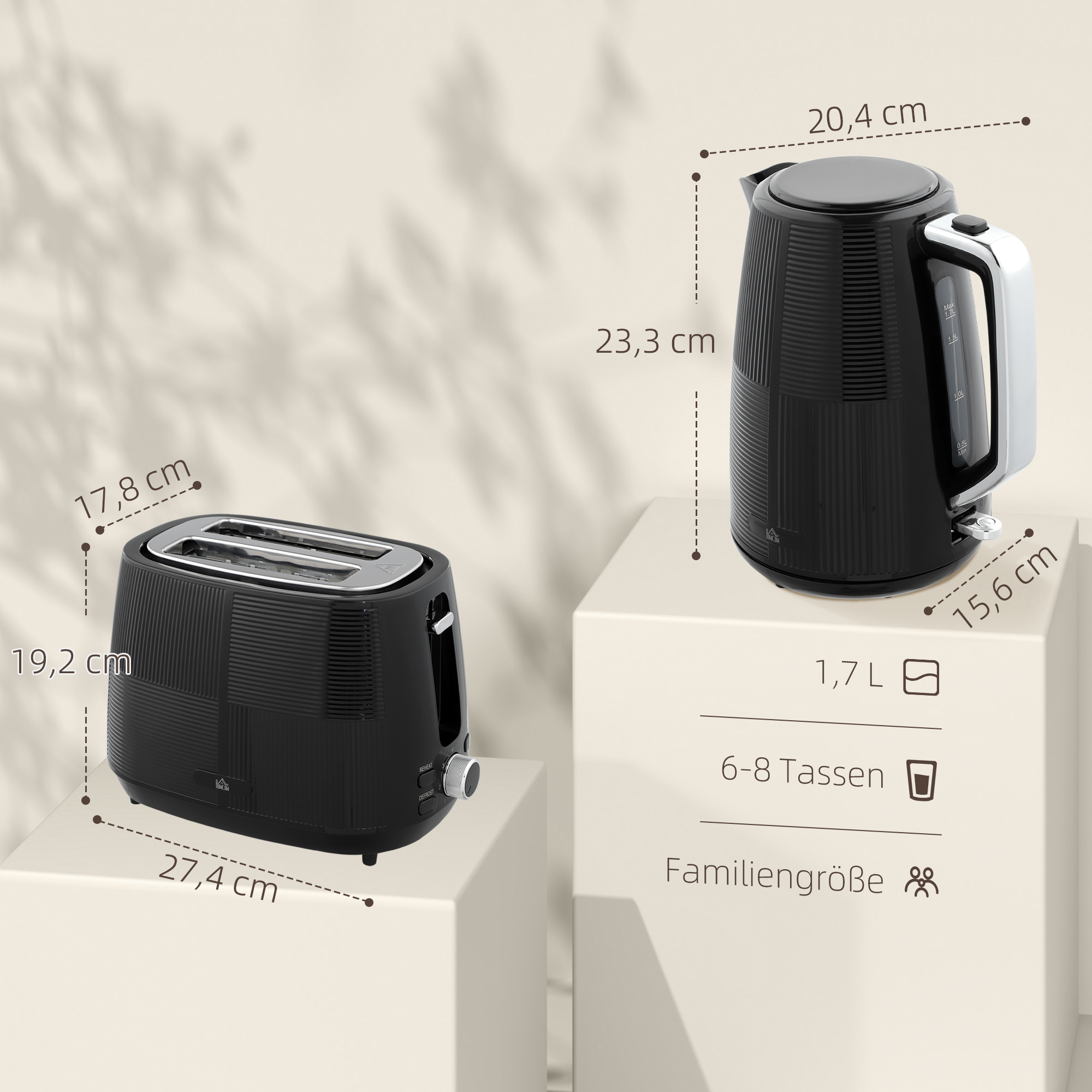 Wasserkocher- und Toaster-Set, 1,7 L, verschiedene Funktionen, Edelstahl, Schwarz