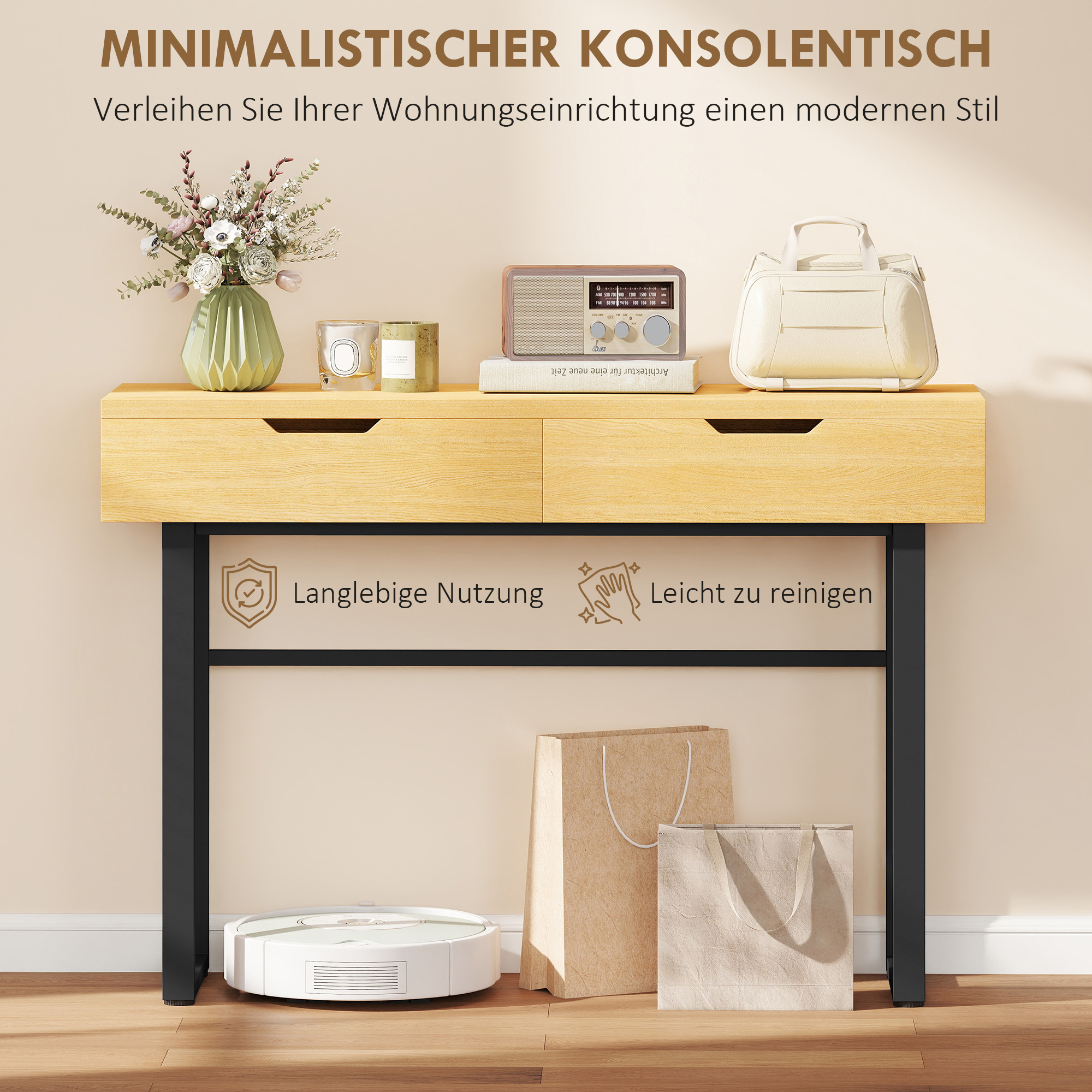 Konsolentisch Schmaler Flurtisch mit 2 Schubladen, Metallrahmen, für Flur 110 x 35 x 76,5 cm Natur