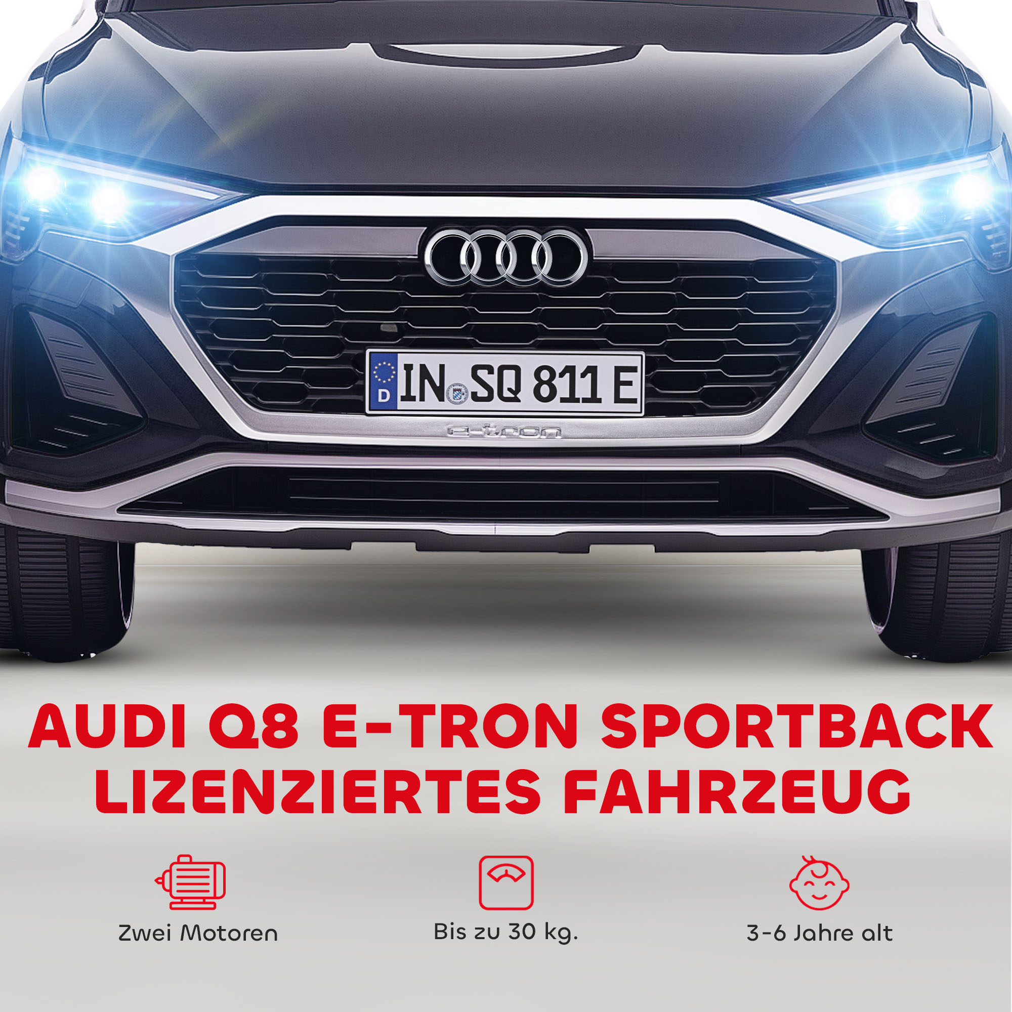 Elektro-Kinderauto, 12V Audi Q8, 3-5 km/h, Fernsteuerung, Scheinwerfer, Musik, Schwarz