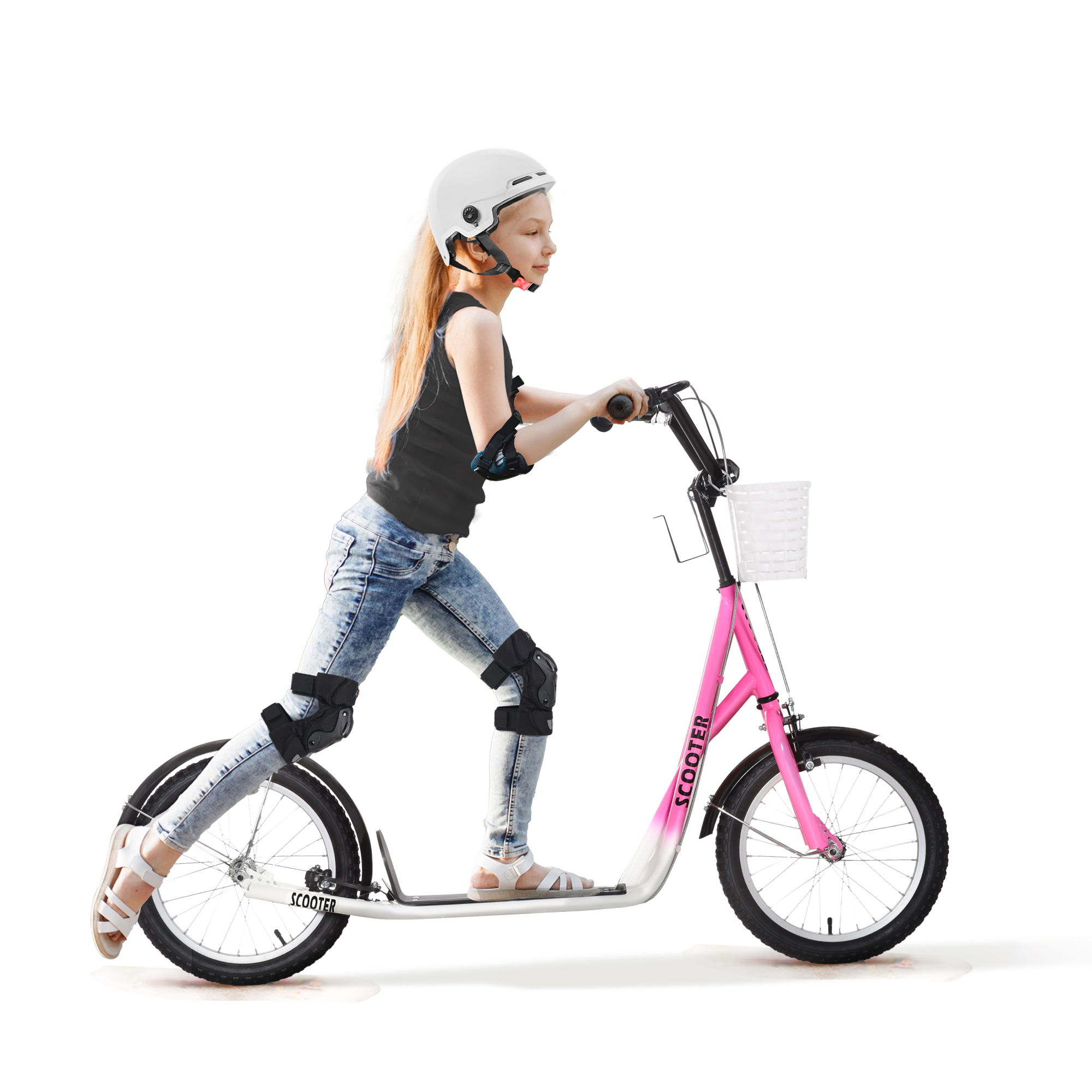Kinderroller Tretroller mit Bremse, inkl, Korb, höhenverstellbar, für Kinder von 5 bis 12 Jahren, Weiß + Pink