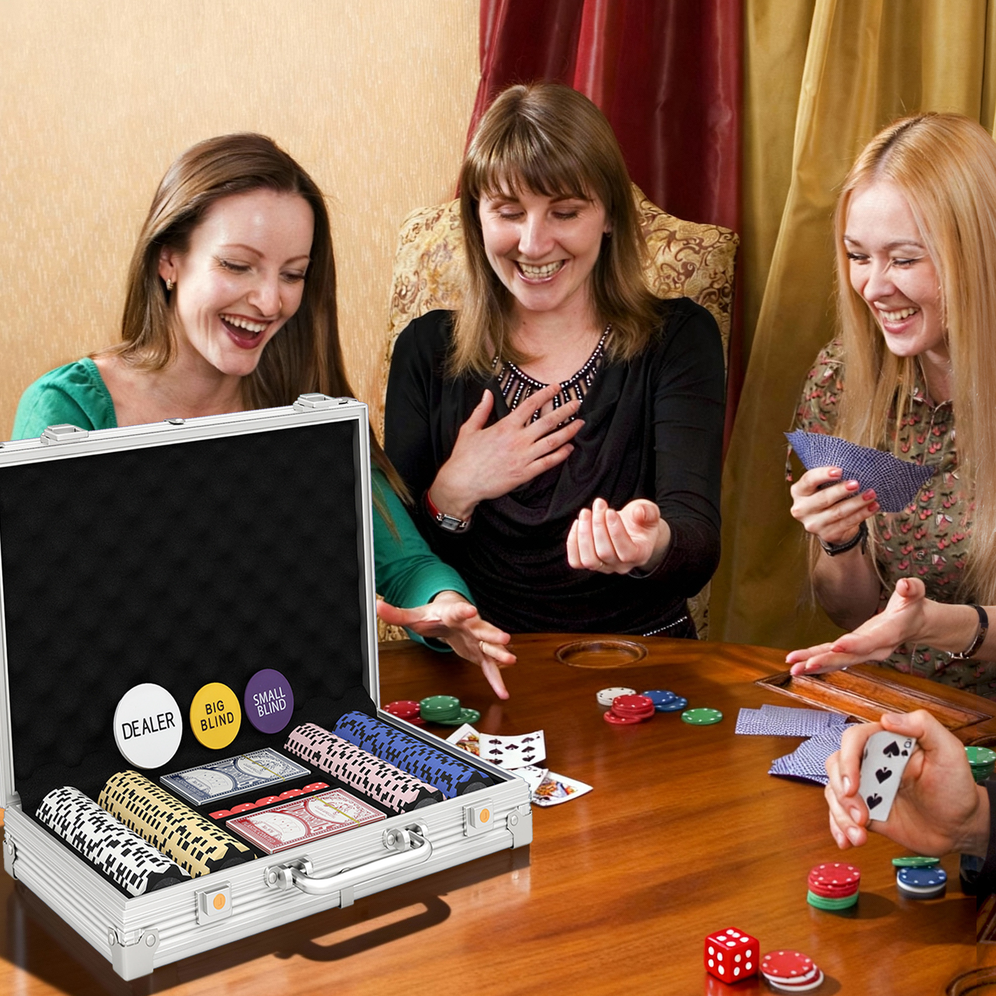 Pokerchips-Set in Koffer, mit Würfeln, Dealer-Button, 2 Kartendecks, Silberfarben