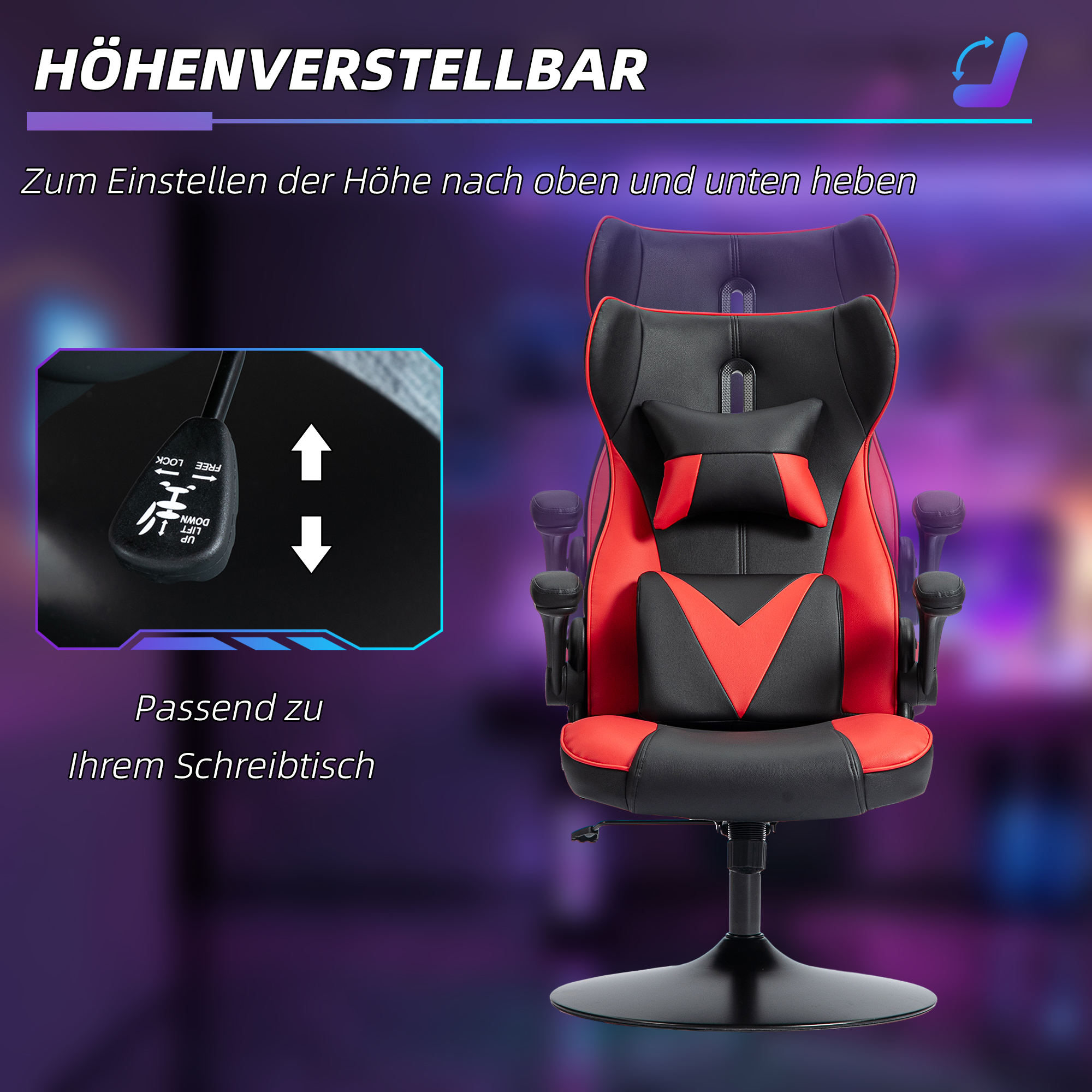 Gaming-Stuhl mit Schaukelfunktion, Drehstuhl, höhenverstellbar, gepolsterter Sitz, Metall, 67 x 71 x 112 cm, Rot