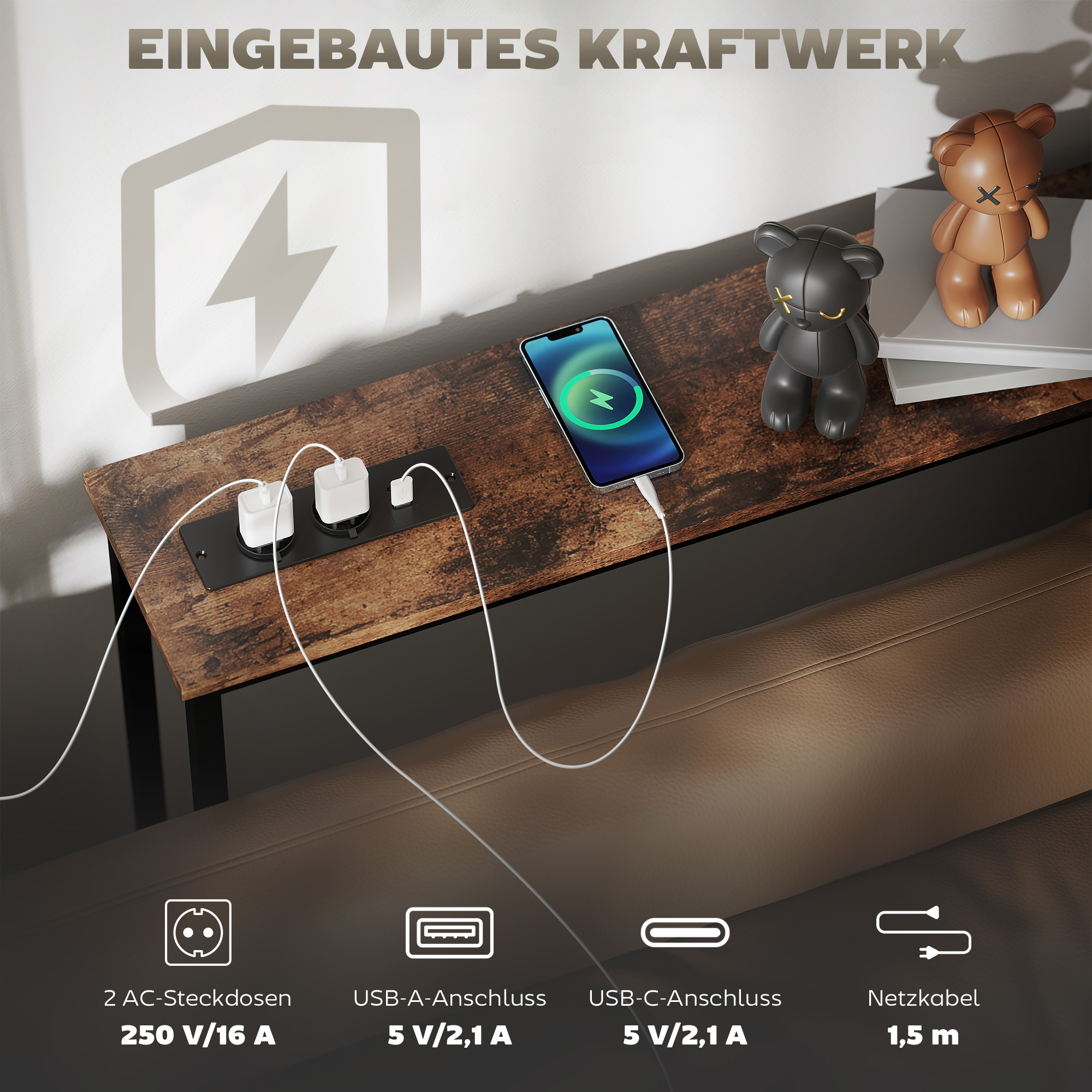 Schlanker Konsolentisch mit Ladestation, Industriestil, Stahlrahmen, Braun