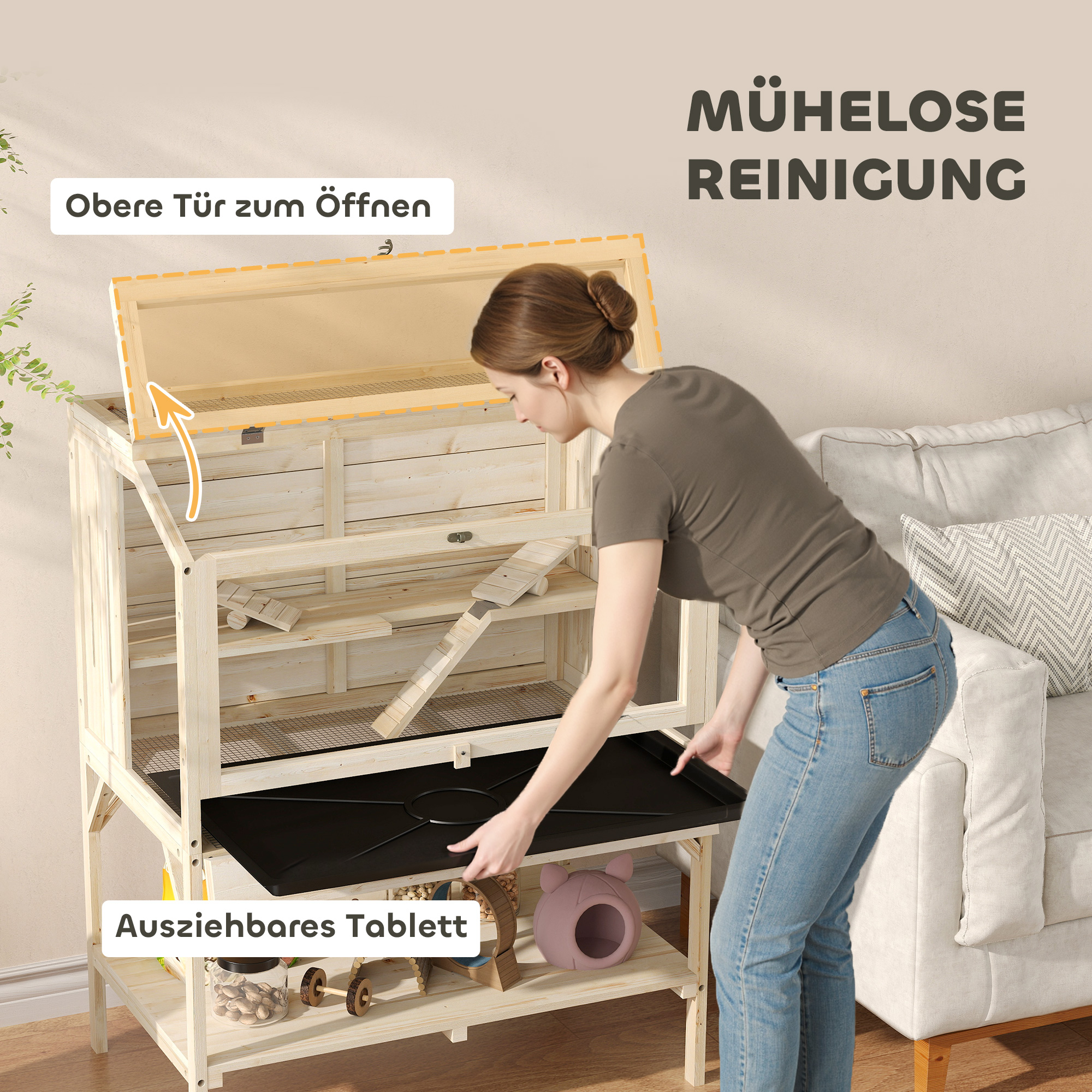 Hamsterkäfig, 2 Ebenen, Kleintierkäfig mit Aufbewahrungsfach, Zubehör, 84 x 53 x 110 cm, Naturholz