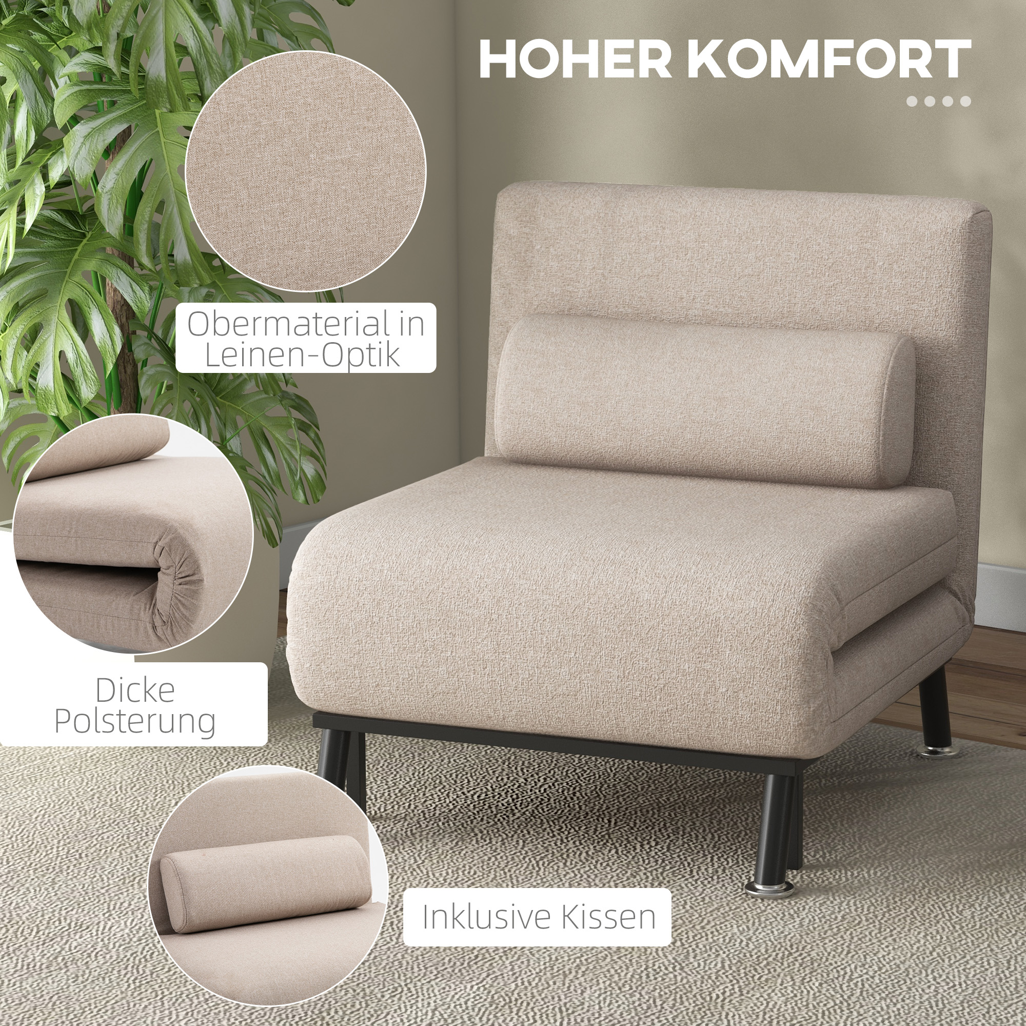Klappsessel mit Bettfunktion, klappbarer Relaxsessel in Leinenoptik, Verstellbare Rückenlehne, 75 x 70 x 75 cm, Beige