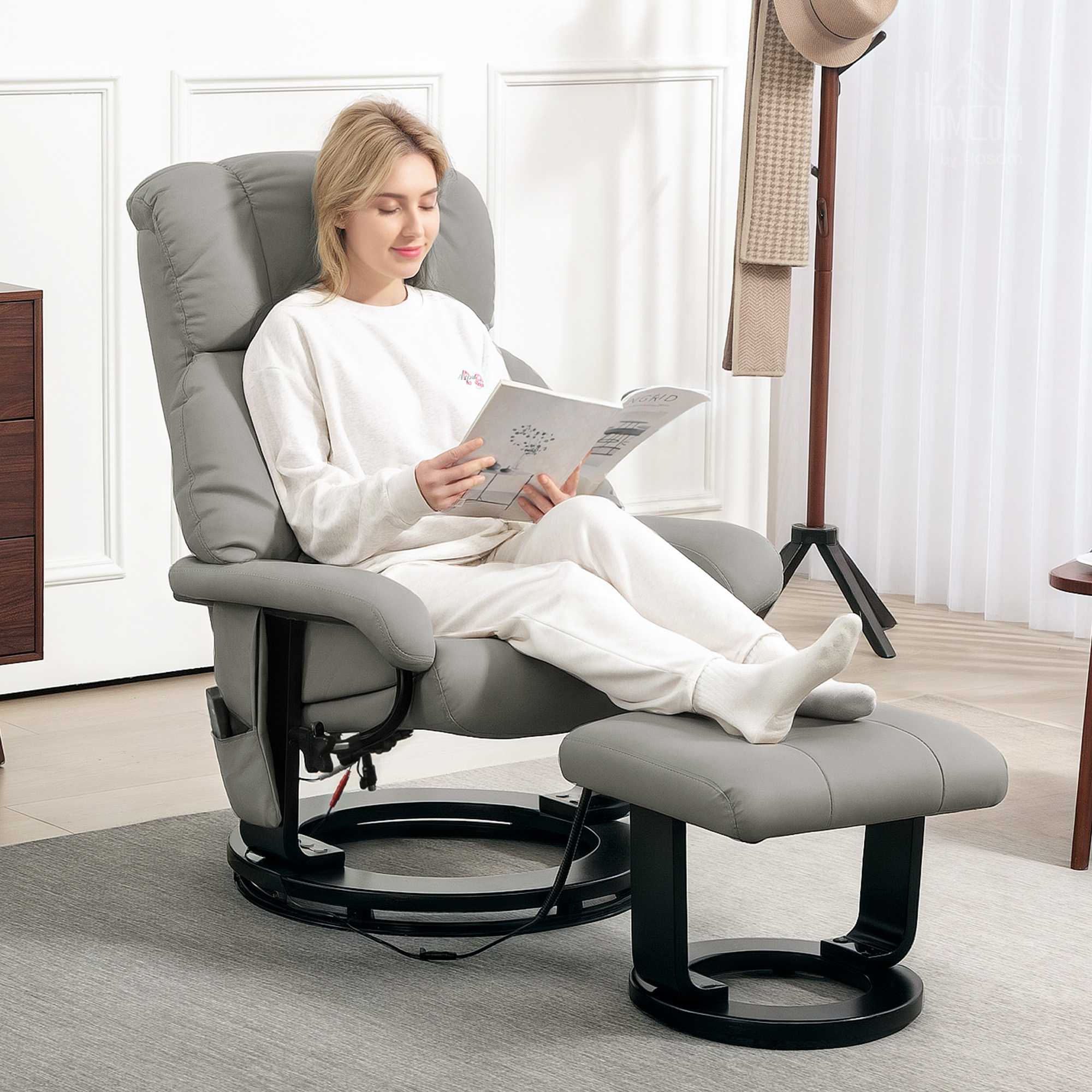 Relaxsessel Massagefunktion Fernsehsessel mit Seitentasche, Kunstleder, Grau