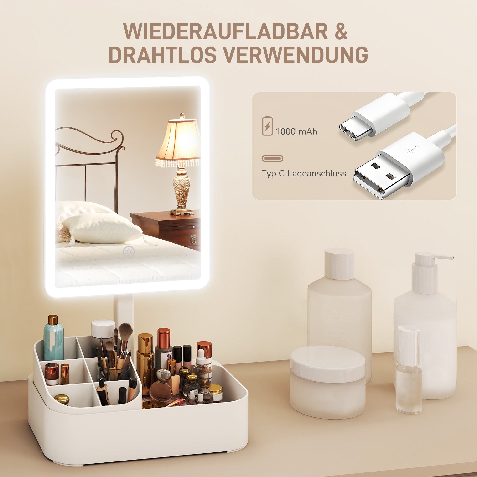 Schminkspiegel mit Beleuchtung wiederaufladbar 180°Drehbar LED Kosmetikspiegel mit 2 Beleuchtungsmodi, Weiß