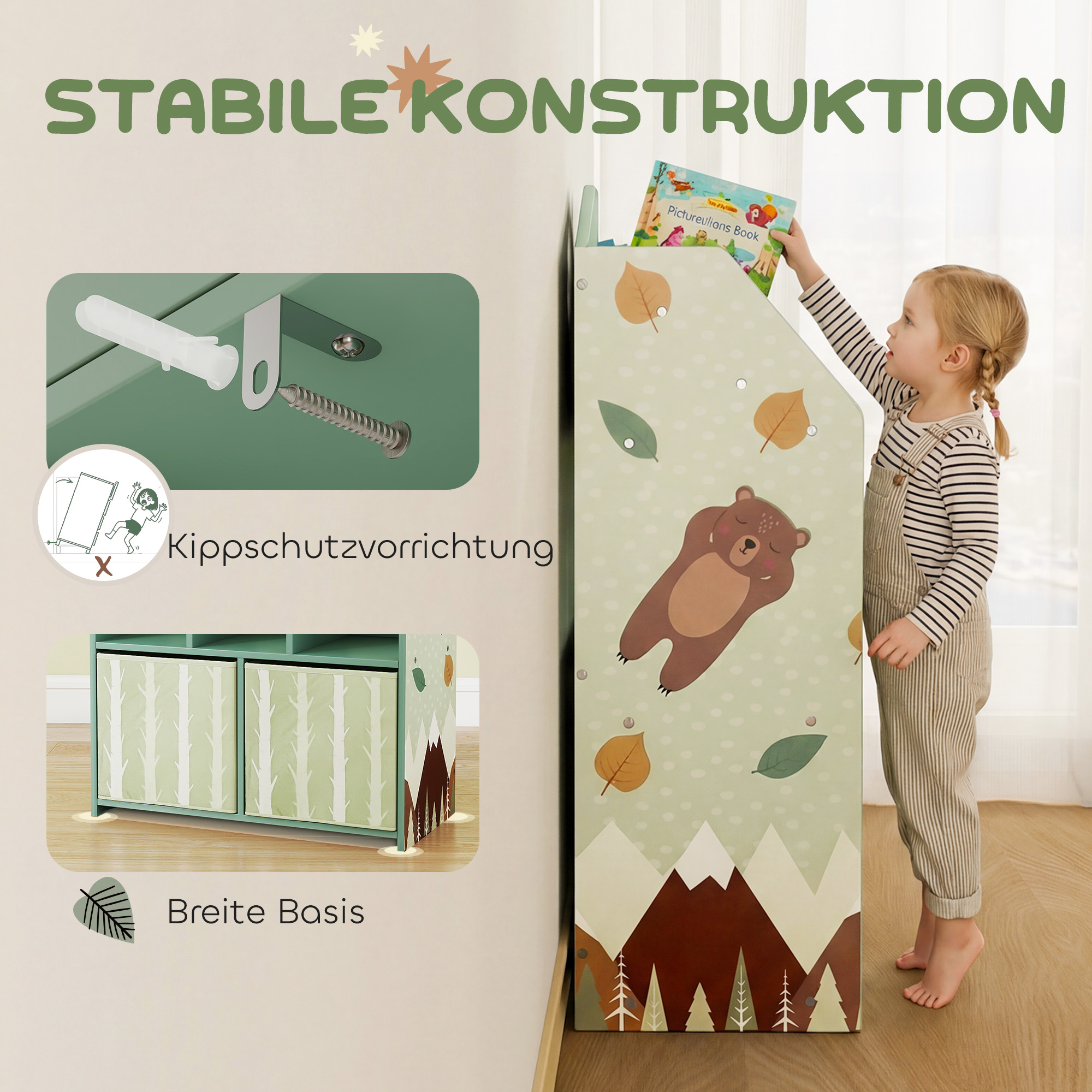 Kinderregal Bücherregal Kinder mit 2 Stoffschubladen offen Regal für 3-8 Jahre 62,5x30x91,5 cm Grün