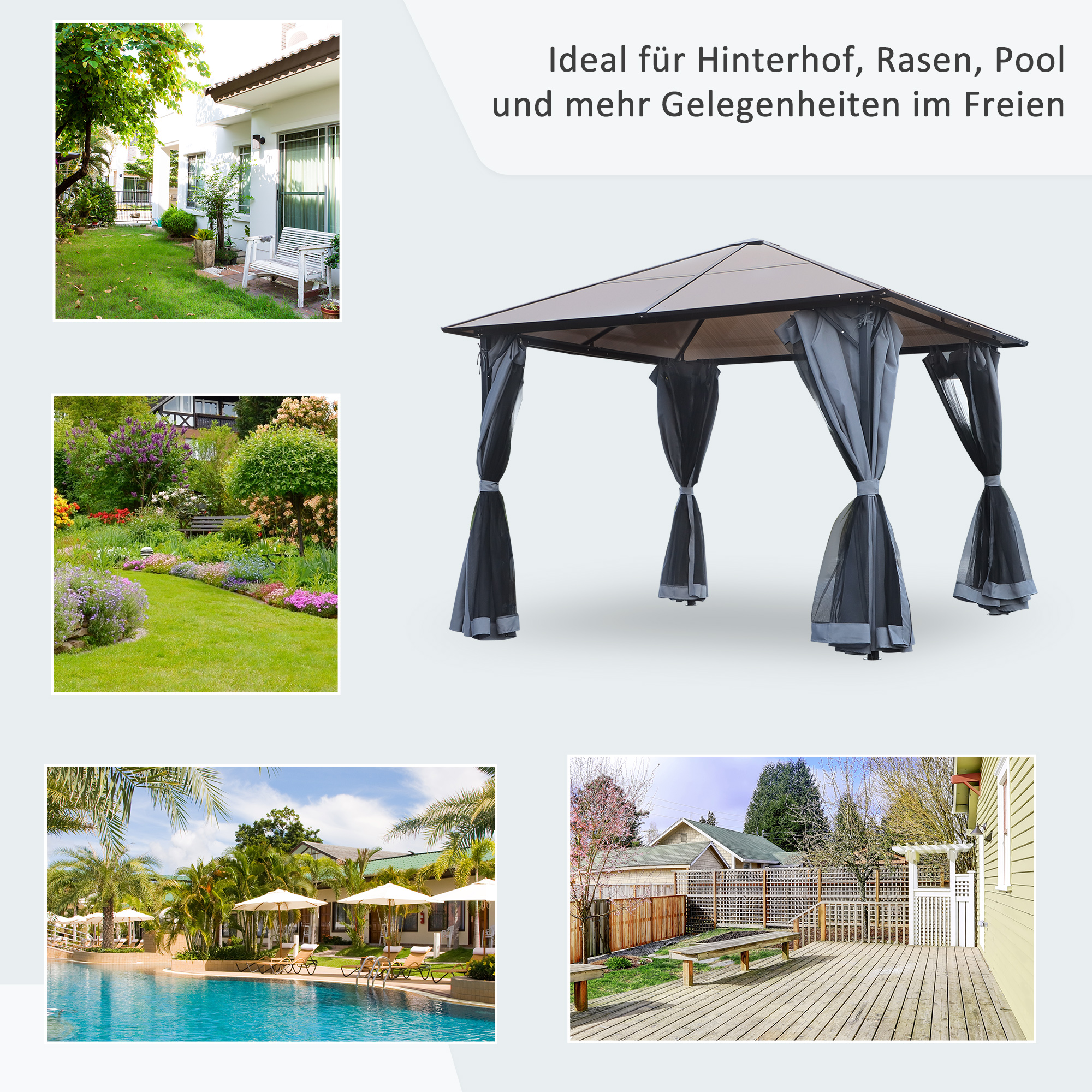 Pavillon mit Polycarbonatdach, Vorhänge mit Fliegennetz, Alugestell, dunkelgrau, 3 x 3 m