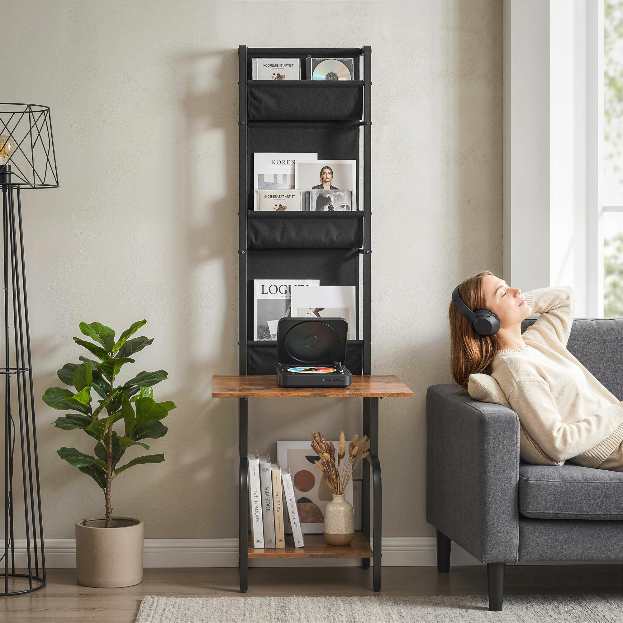 CD-Regal, CD-Aufbewahrung, DVD-Ständer mit 3 Stofftaschen und Tischplatte, Rustikale Holzoptik in Braun