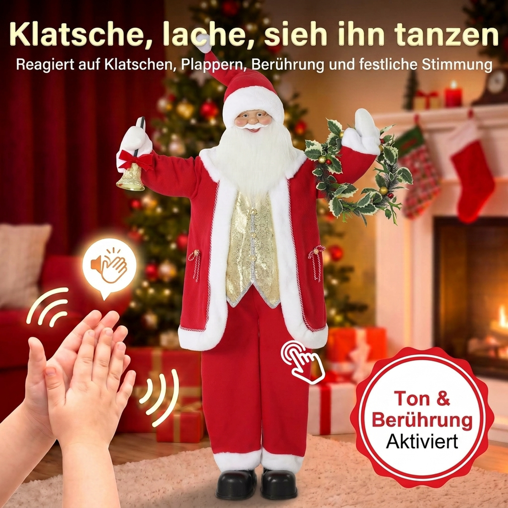 Singender Weihnachtsmann, 150 cm, stehende animierte Weihnachtsfigur mit Glocke und Kranz, per Sound/Berührung aktiviert