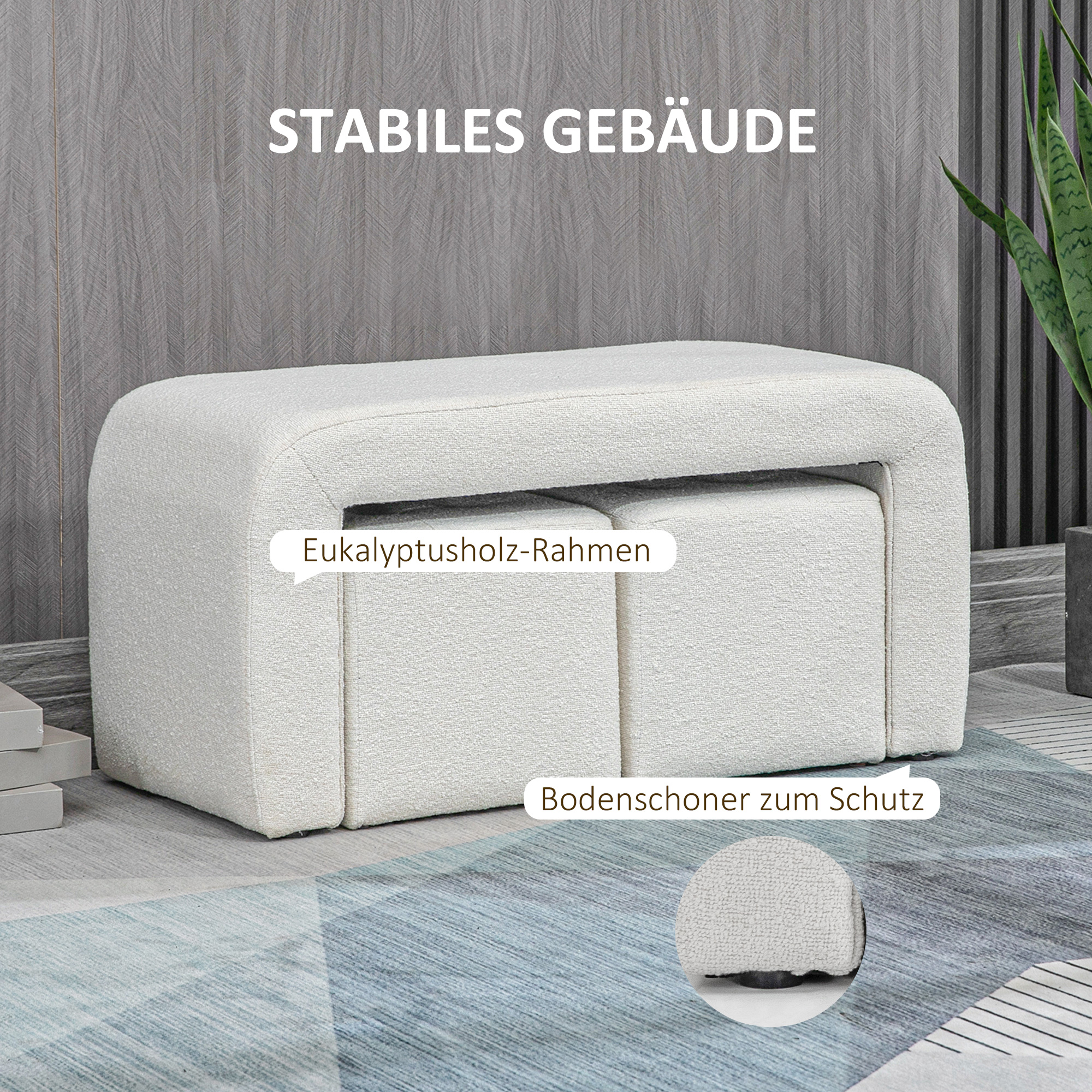 Fußhocker-Set Fußhocker 3-teilig, Knopfheftung, 89 cm x 42,5 cm x 45 cm, Creme