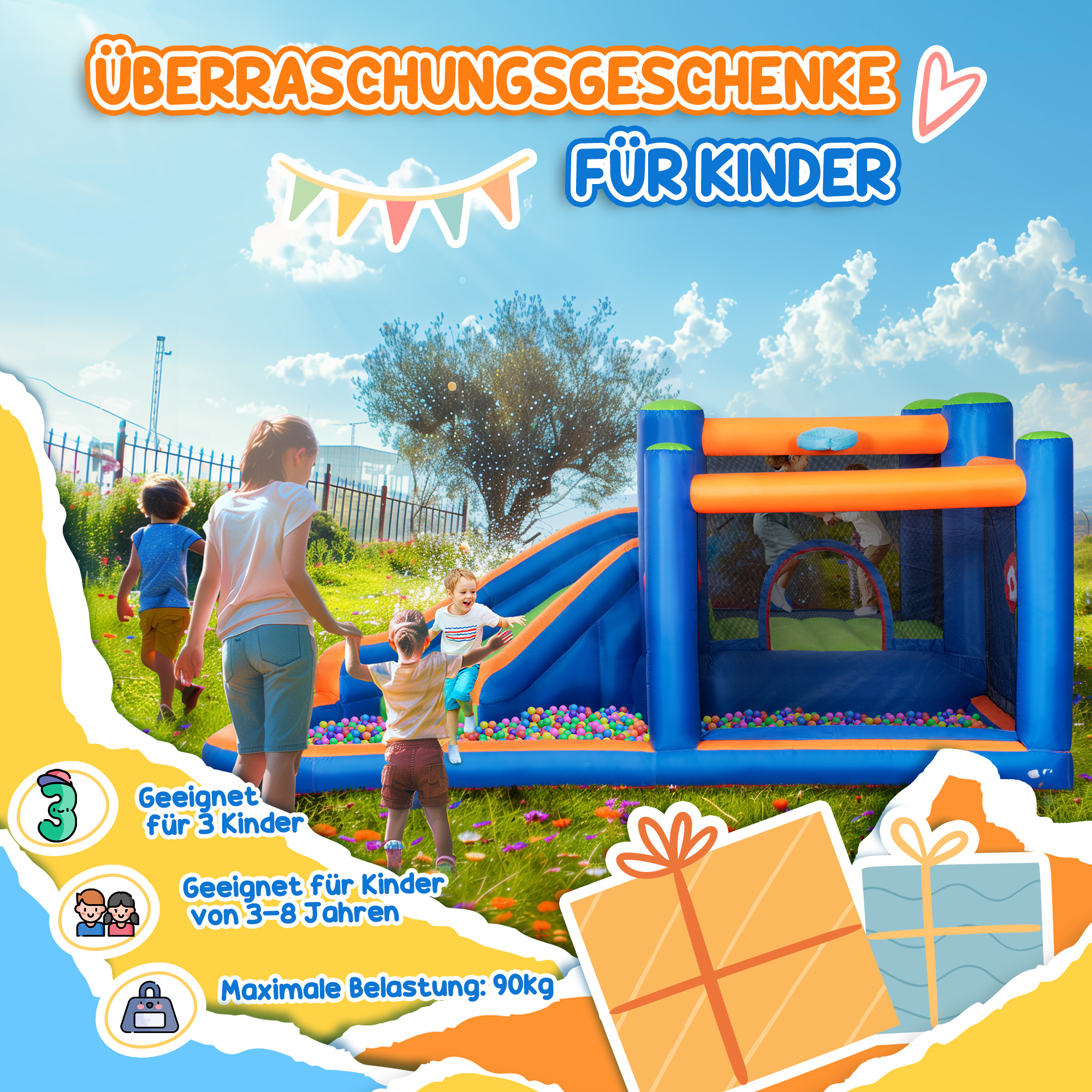Hüpfburg, mit Rutsche, Hüpfbereich, Pool, aufblasbar, inkl. Elektropumpe, für bis 3 Kinder, 380 x 340 x 170 cm