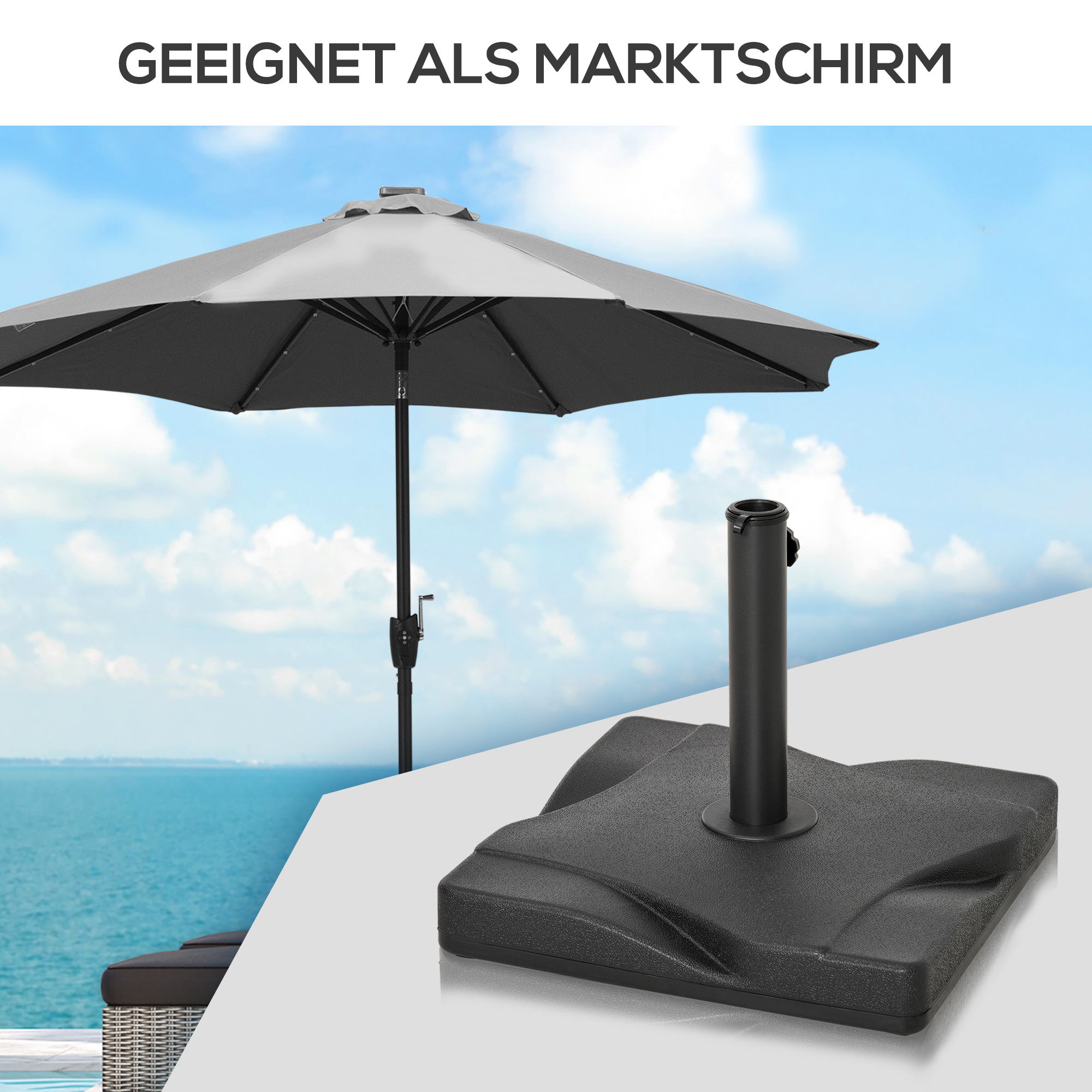 Sonnenschirmständer 20 kg Schirmständer für Sonnenschirm Schirmstangen 32/38/48 mm Sonnenschirmfuß für Garten Terrasse Balkon Zement 41,5 x 41,5 Schwarz