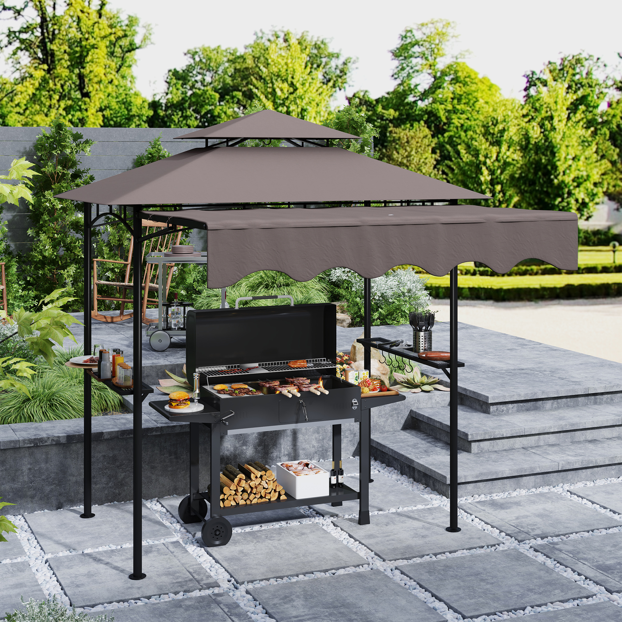 Grillpavillon 242x149x248 cm wasserabweisend flammhemmend Gartenpavillon mit Doppelschichtdach Kaffee