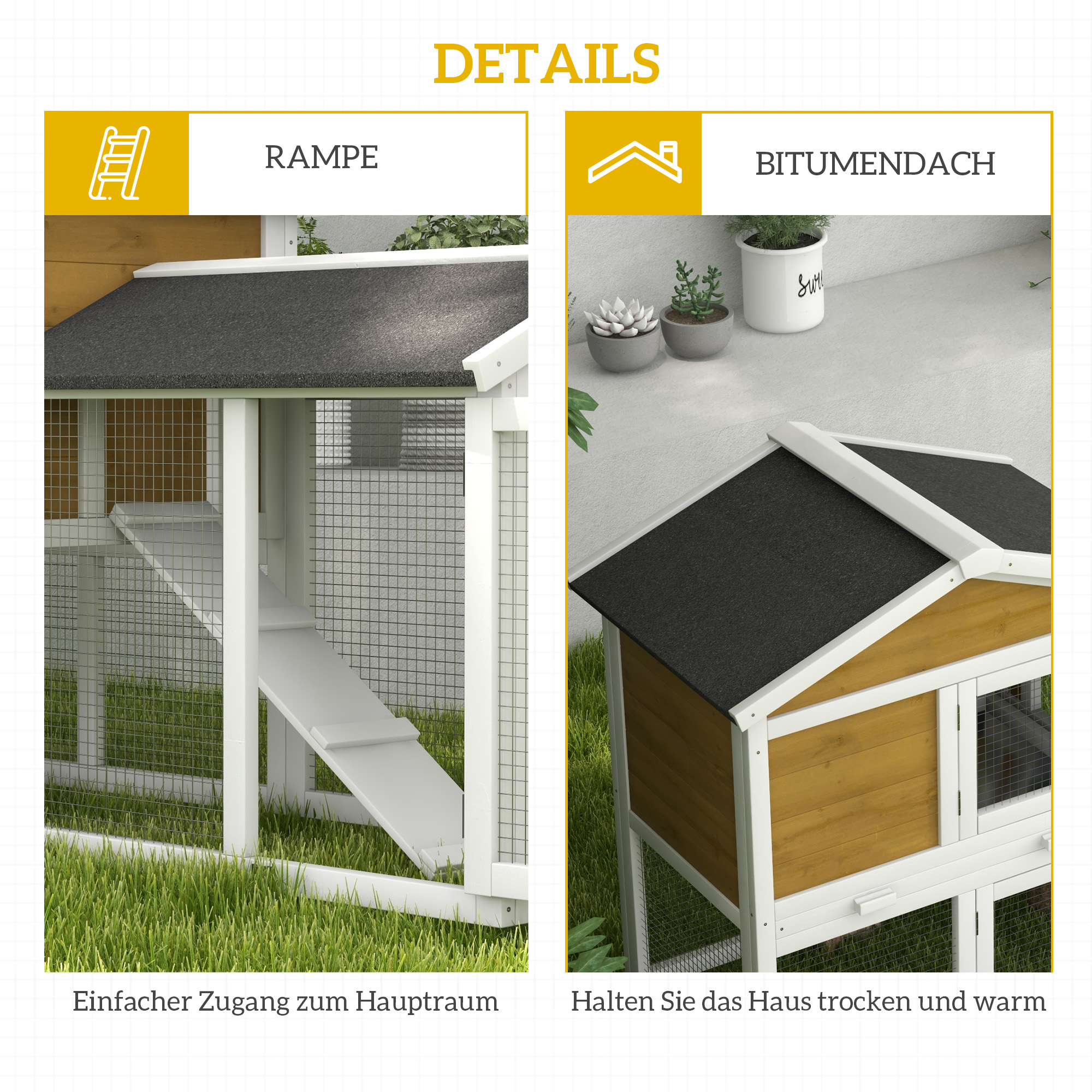 Hasenstall 2 Etagen Kaninchenstall Holz Kaninchenkäfig mit Bitumendach Freilaufgehege Rampe Türen 147x54x84 cm Gelb