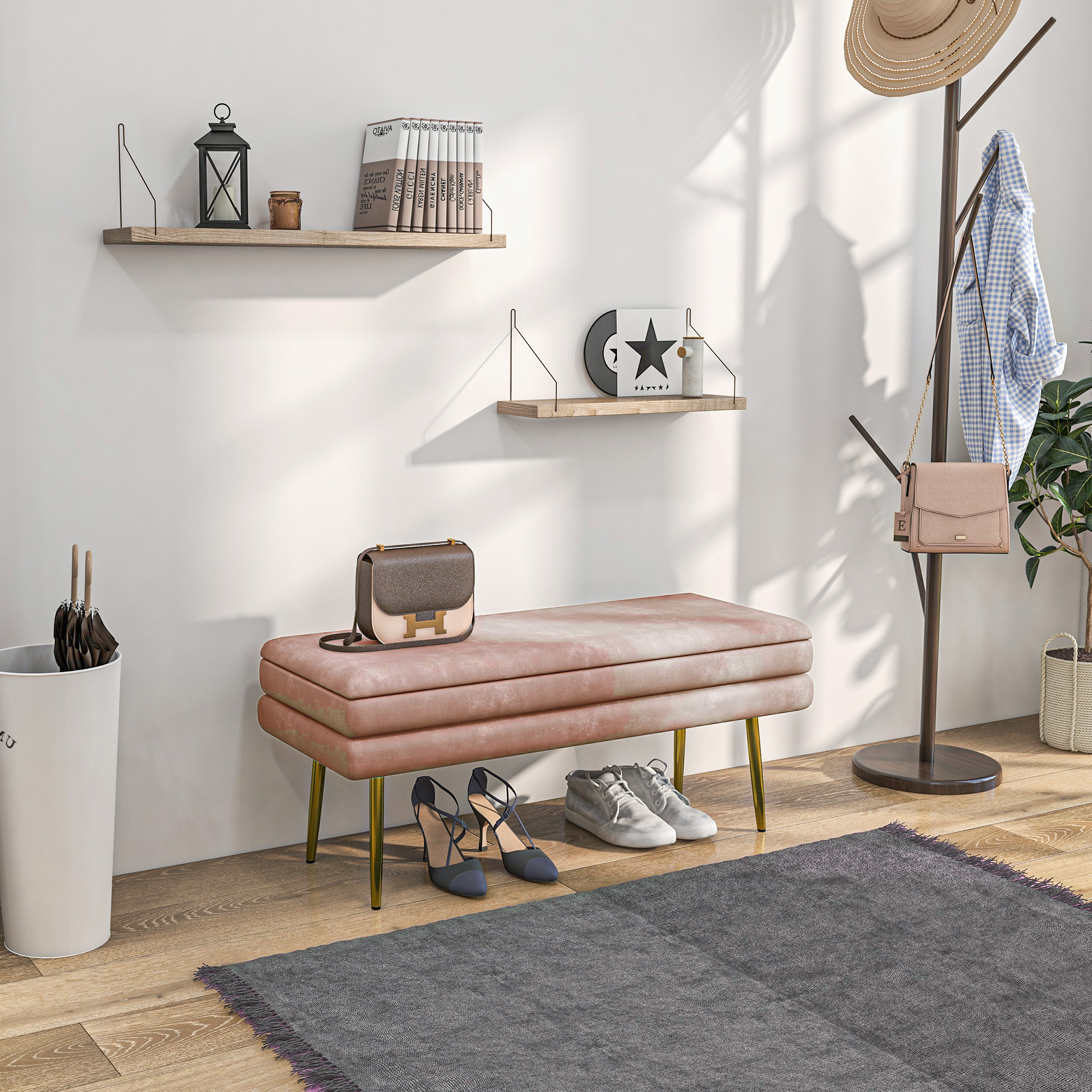 Sitzbank Polsterbank, mit Stauraum, Stahl, 100 x 37,5 x 42 cm, Rosa