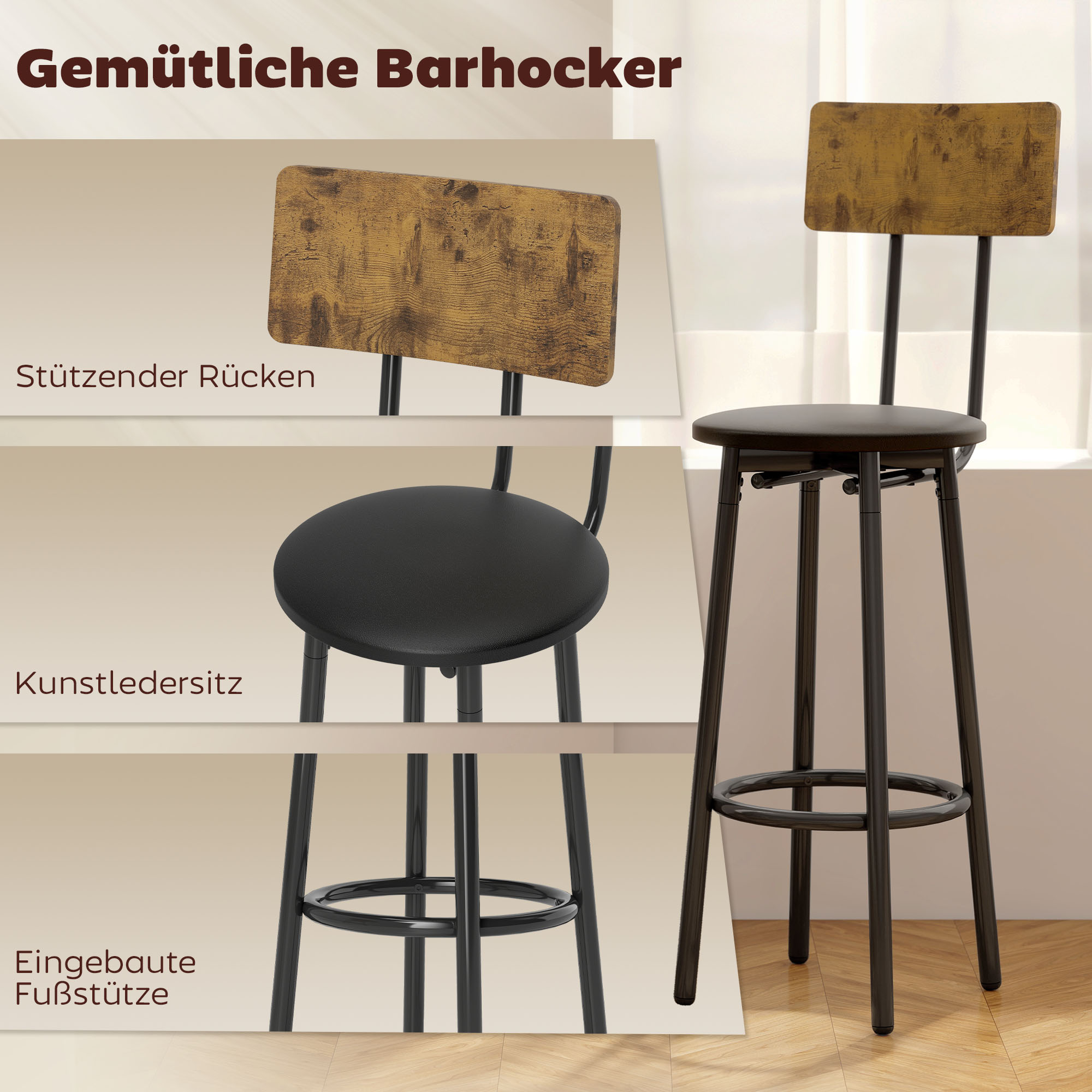 3-teiliges Bartisch-Set mit 2 gepolsterten Hockern, Kunstleder-Bezug, Rückenlehne, Metallgestell, Braun